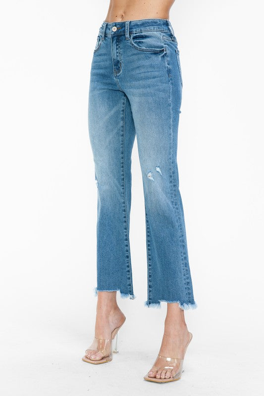 Blue Zone Planet | bytos Raw Hem Distressed Mid Rise Crop Jeans-BOTTOMS SIZES SMALL MEDIUM LARGE-[Adult]-[Female]-2022 Online Blue Zone Planet