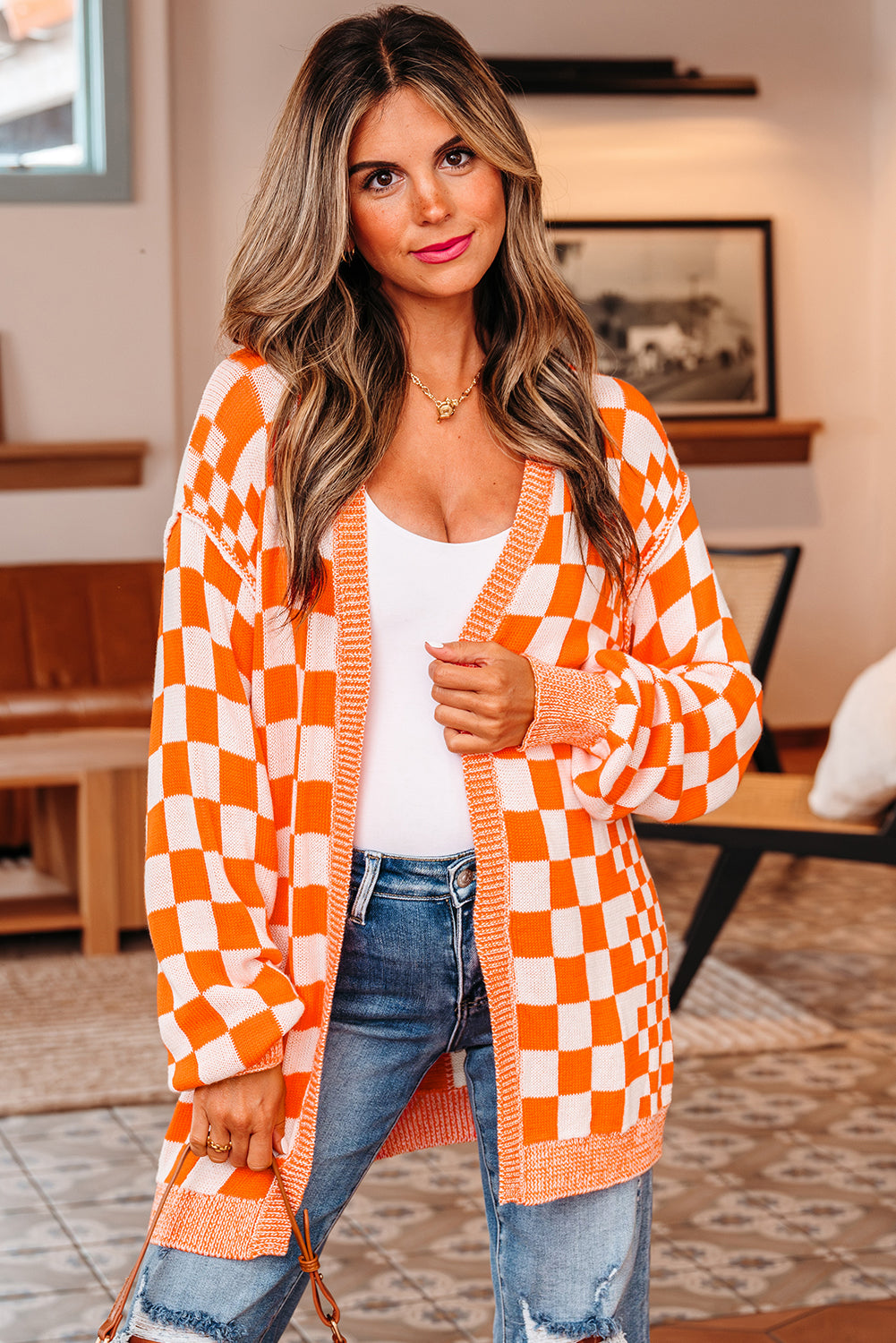 Orange Checkered Open Front Drop Shoulder Cardigan-Sweaters & Cardigans/Cardigans-[Adult]-[Female]-2022 Online Blue Zone Planet
