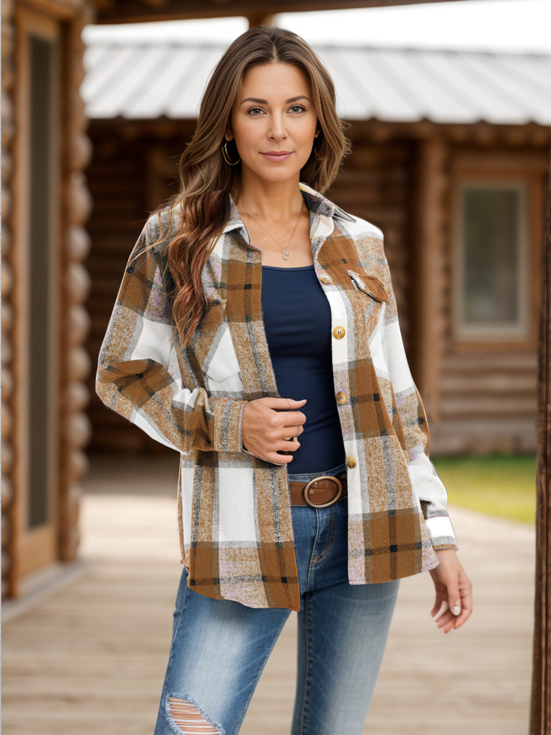 Full Size Pocketed Plaid Collared Neck Shacket-TOPS / DRESSES-[Adult]-[Female]-Camel-S-2022 Online Blue Zone Planet