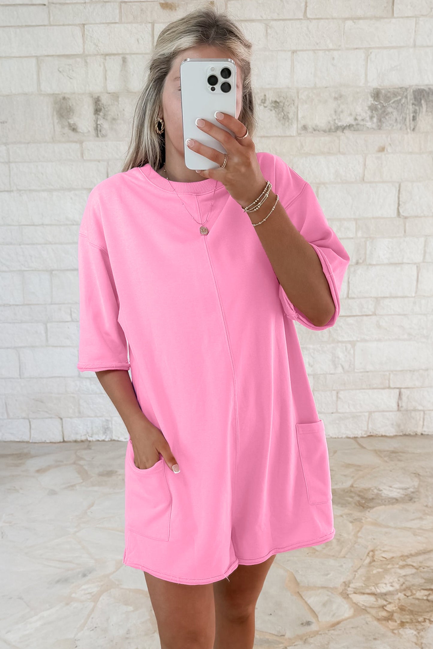Pink Solid Color Raw Edge Half Sleeve Pocketed Loose Romper-Bottoms/Jumpsuits & Rompers-[Adult]-[Female]-2022 Online Blue Zone Planet