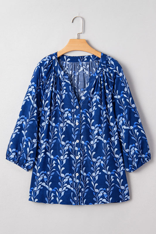 Blue Botanical Print Bracelet Sleeve Notched Neck Blouse-Tops/Blouses & Shirts-[Adult]-[Female]-2022 Online Blue Zone Planet