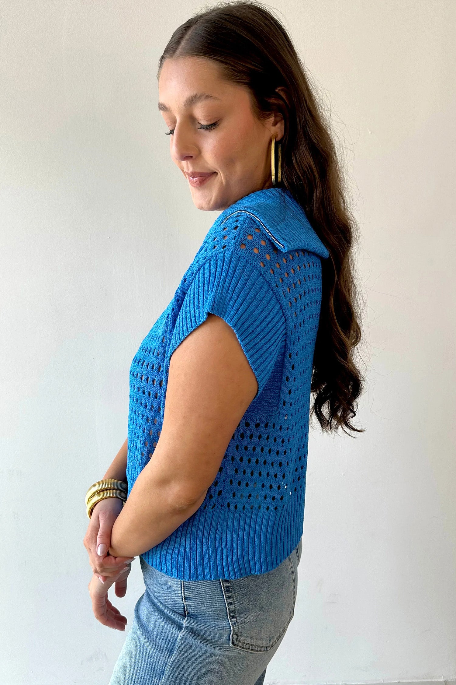 Sky Blue Solid Color Hollowed Knit Short Sleeve Zipper Collar Knitwear Top-Sweaters & Cardigans/Short Sleeve Sweaters-[Adult]-[Female]-2022 Online Blue Zone Planet
