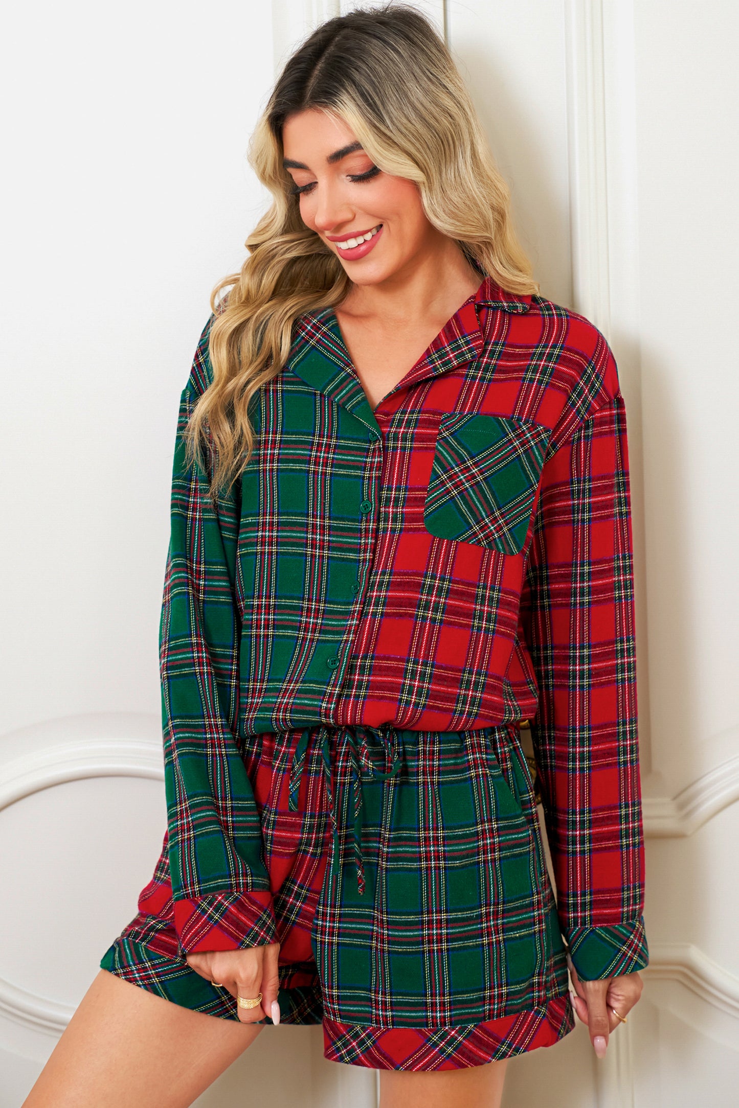 Green Plaid Christmas Holiday Patchwork Long Sleeve Shirt and Shorts Pajama Set-Loungewear Set-[Adult]-[Female]-Red1-L-2022 Online Blue Zone Planet