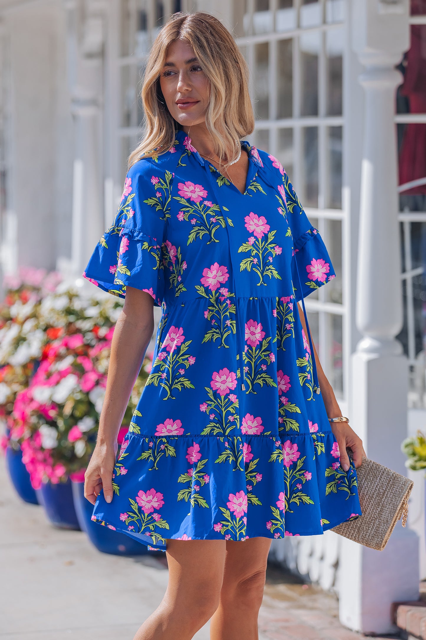 Blue V Neck Short Sleeve Loose Flower Dress-TOPS / DRESSES-[Adult]-[Female]-2022 Online Blue Zone Planet