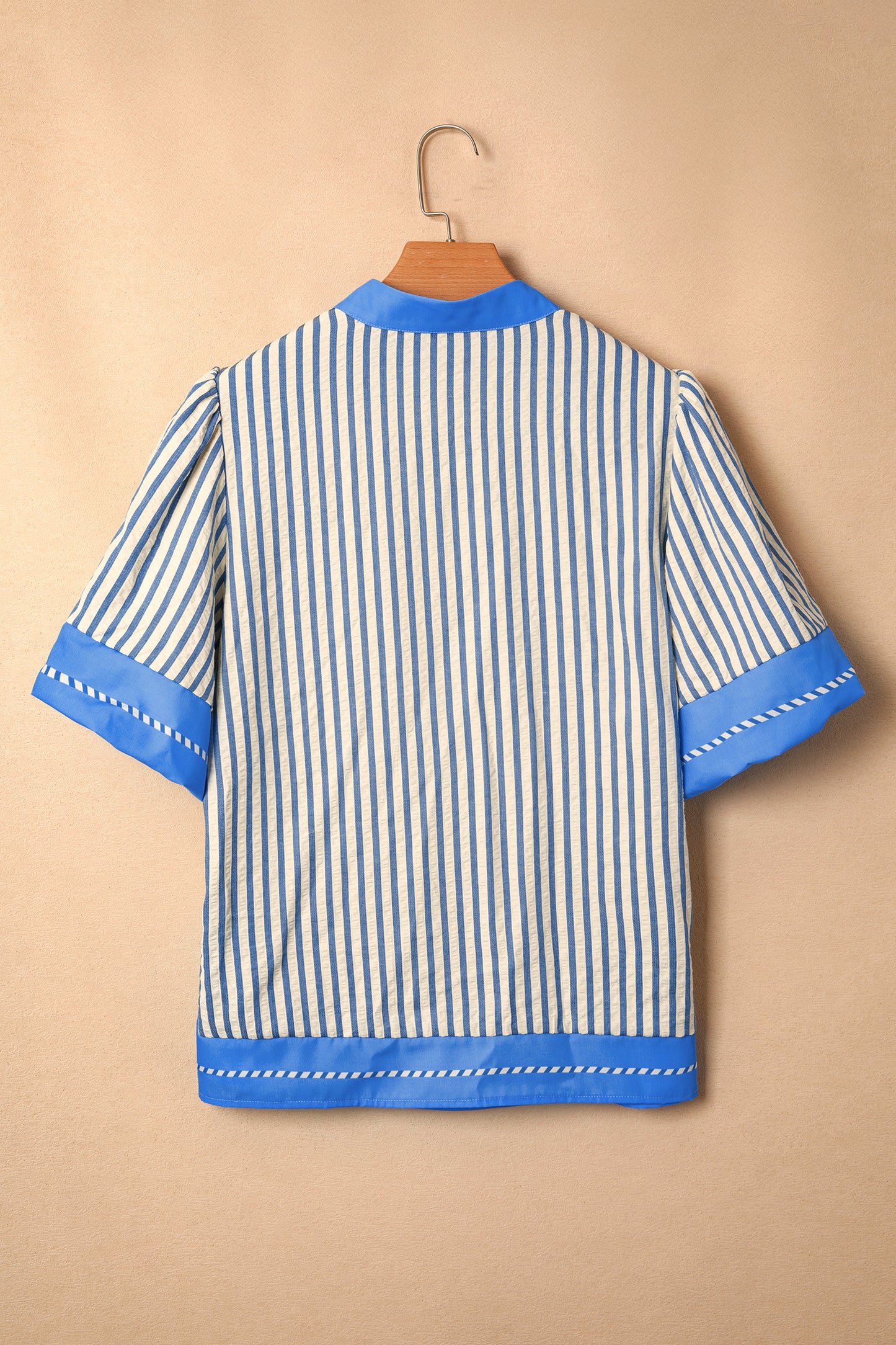 Sky Blue Stripe Color Block Detail V Neck Short Sleeve Blouse-Tops/Blouses & Shirts-[Adult]-[Female]-2022 Online Blue Zone Planet