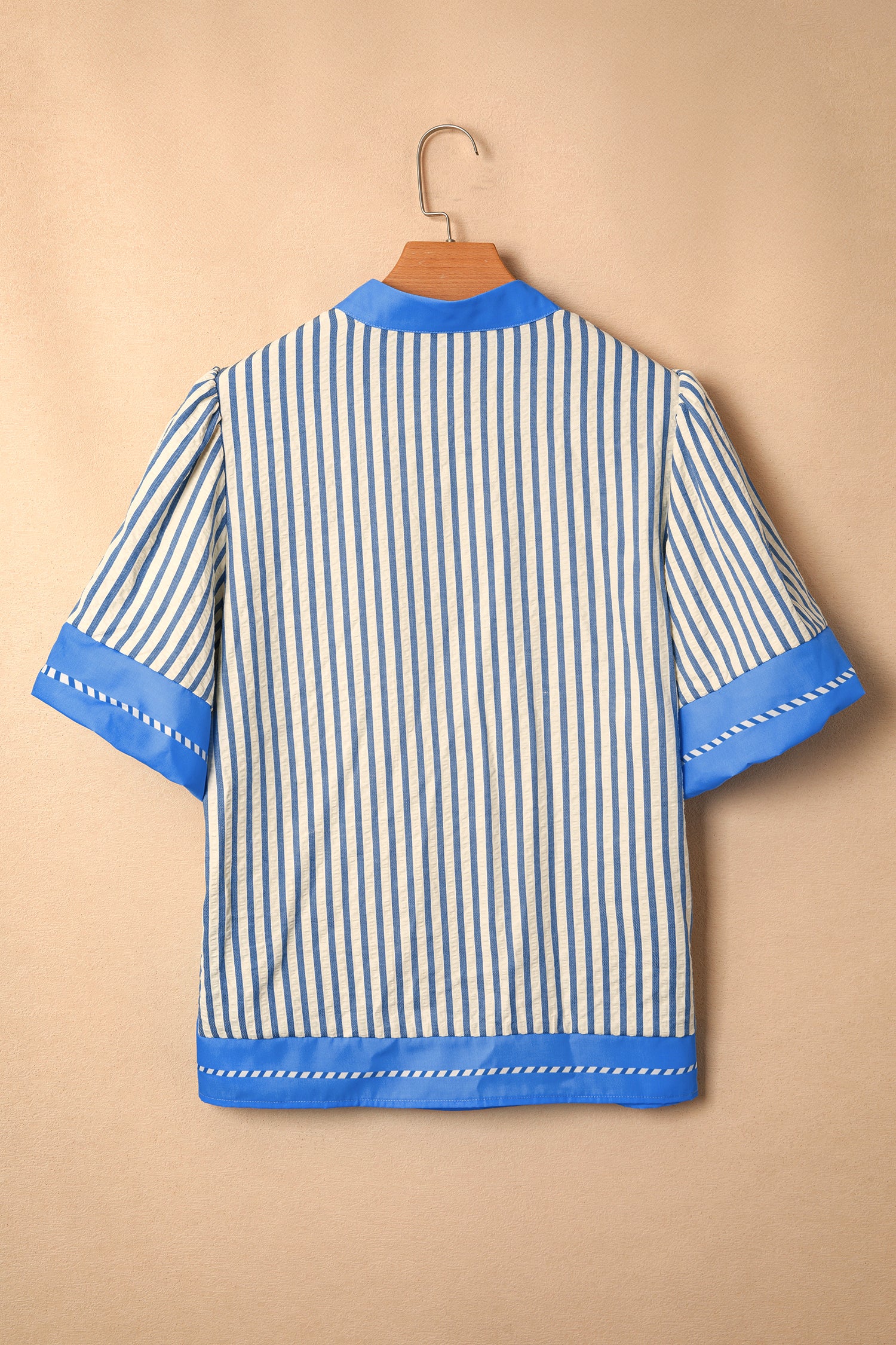Sky Blue Stripe Color Block Detail V Neck Short Sleeve Blouse-Tops/Blouses & Shirts-[Adult]-[Female]-2022 Online Blue Zone Planet
