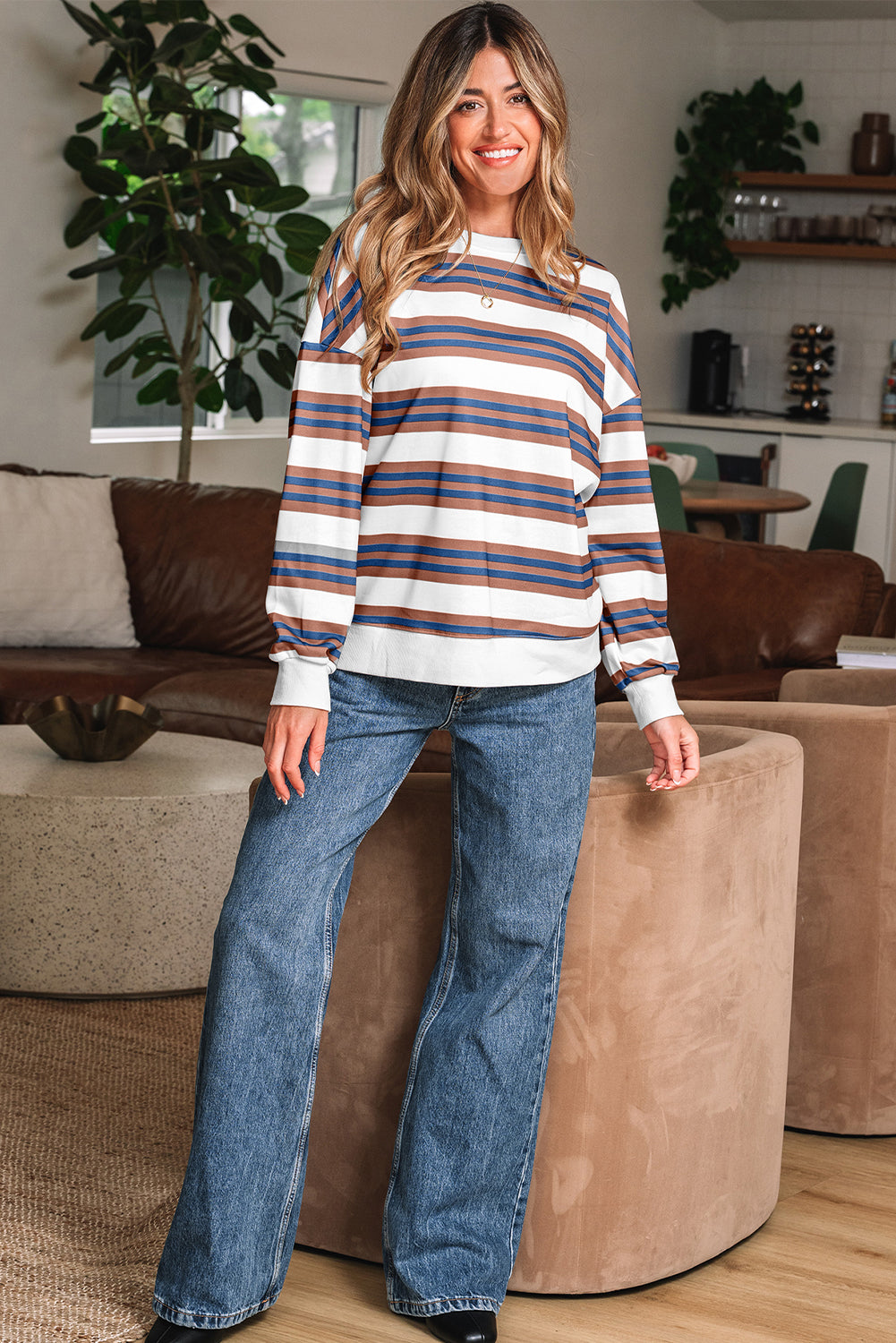 Brown Stripe Crew Neck Drop Shoulder Pullover Sweatshirt-Tops/Sweatshirts & Hoodies-[Adult]-[Female]-2022 Online Blue Zone Planet
