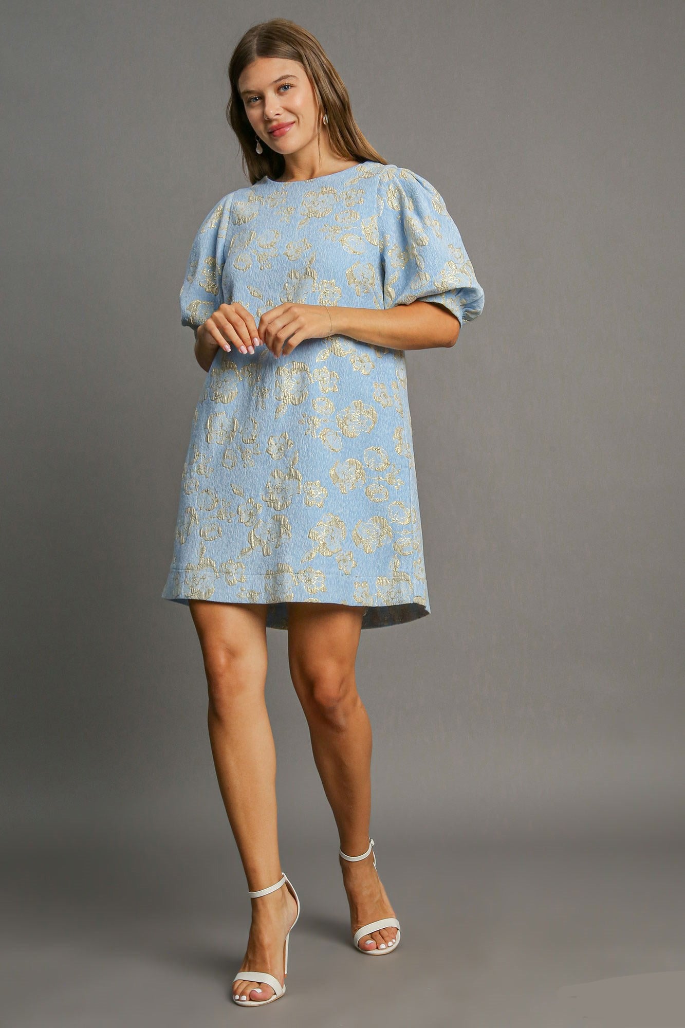 Umgee Floral Jacquard Puff Sleeve Mini Dress-TOPS / DRESSES-[Adult]-[Female]-2022 Online Blue Zone Planet