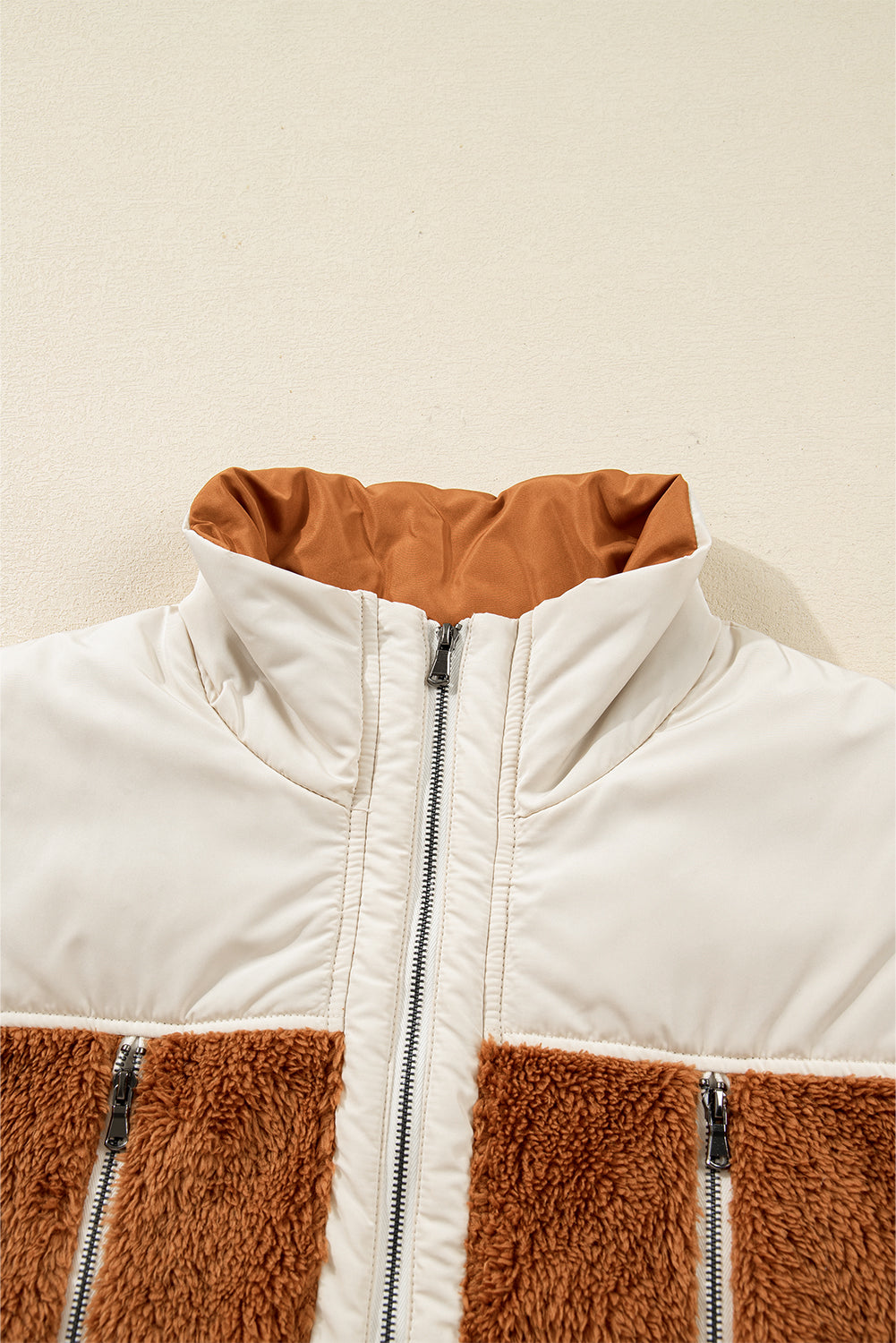 Chestnut Color Block Plush Patchwork Zipper Stand Neck Vest-Outerwear/Vests-[Adult]-[Female]-2022 Online Blue Zone Planet