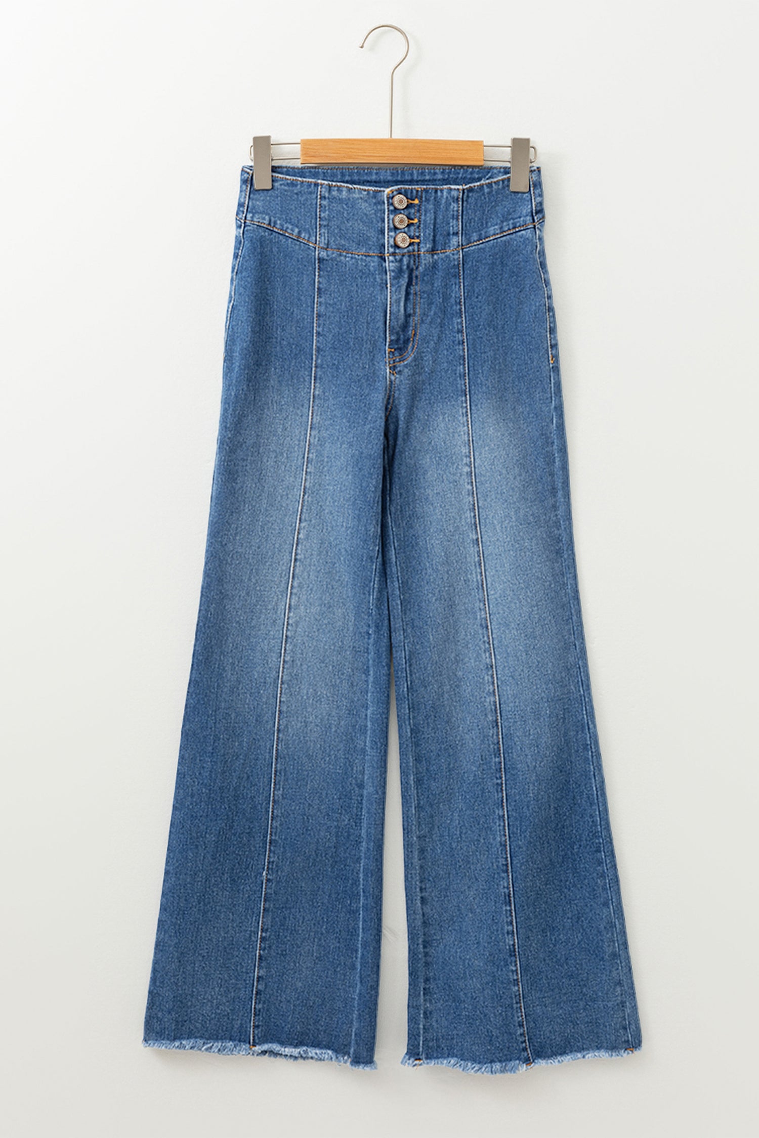 Blue Zone Planet | Sail Blue High Waist Button Fly Seamed Raw Hem Flare Jeans-Bottoms/Jeans-[Adult]-[Female]-2022 Online Blue Zone Planet