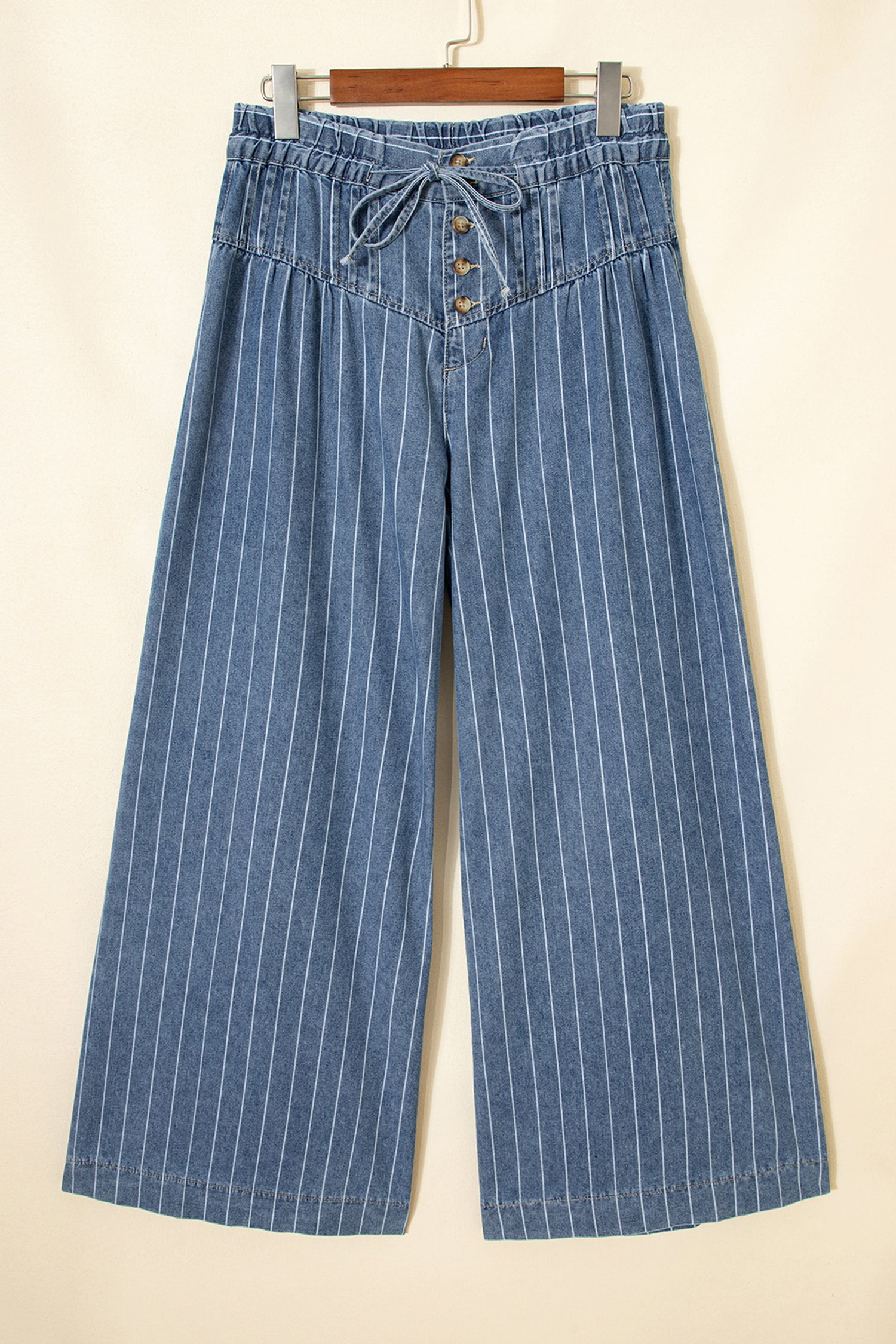 Sky Blue Stripe Button Pleated Drawstring Waist Casual Wide Leg Jeans-Bottoms/Jeans-[Adult]-[Female]-2022 Online Blue Zone Planet