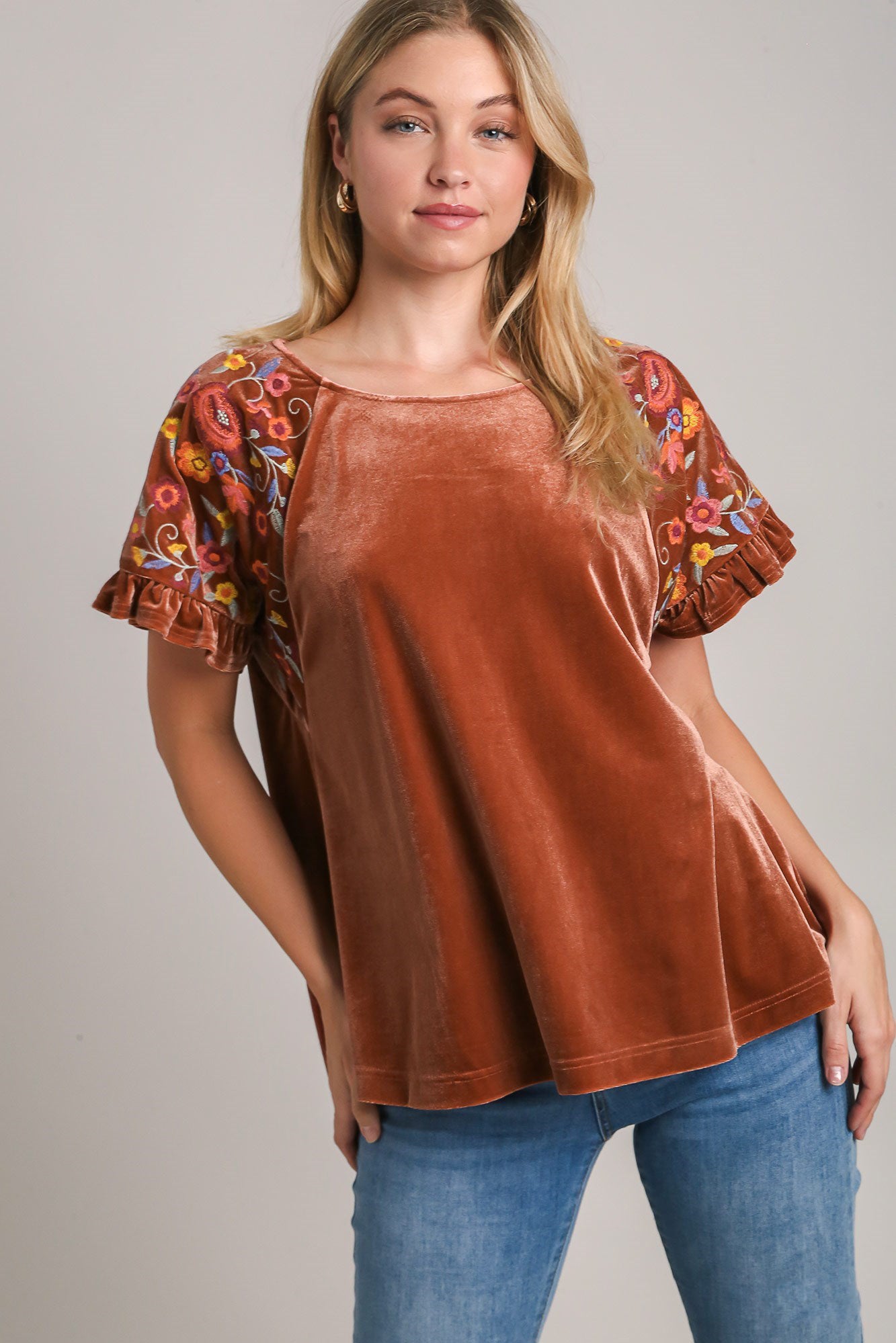 Blue Zone Planet | Umgee Velvet Embroidery Short Sleeve Blouse-TOPS / DRESSES-[Adult]-[Female]-Brown-S-2022 Online Blue Zone Planet