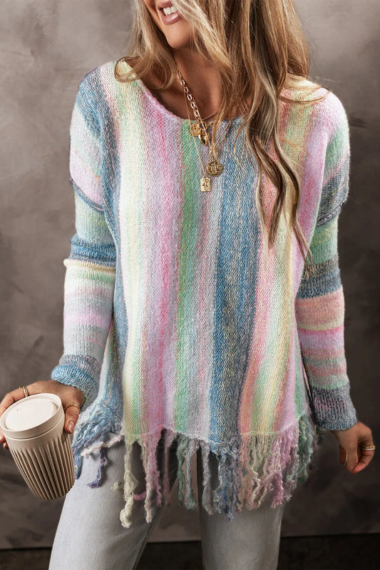 Fringe Color Block Round Neck Sweater-TOPS / DRESSES-[Adult]-[Female]-Light Blue-S-2022 Online Blue Zone Planet