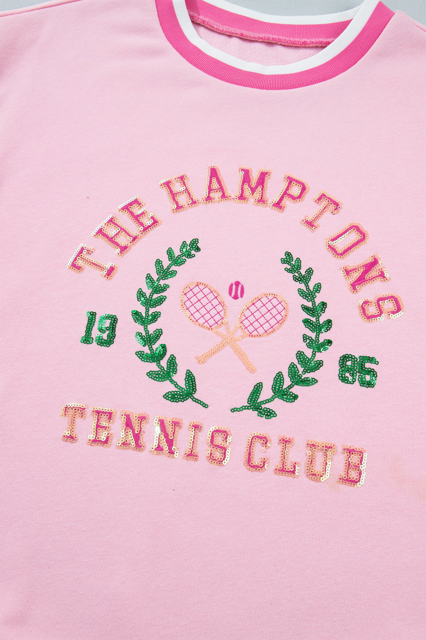 Pink Embroidered Tennis Club Crew Neck Pullover Sweatshirt