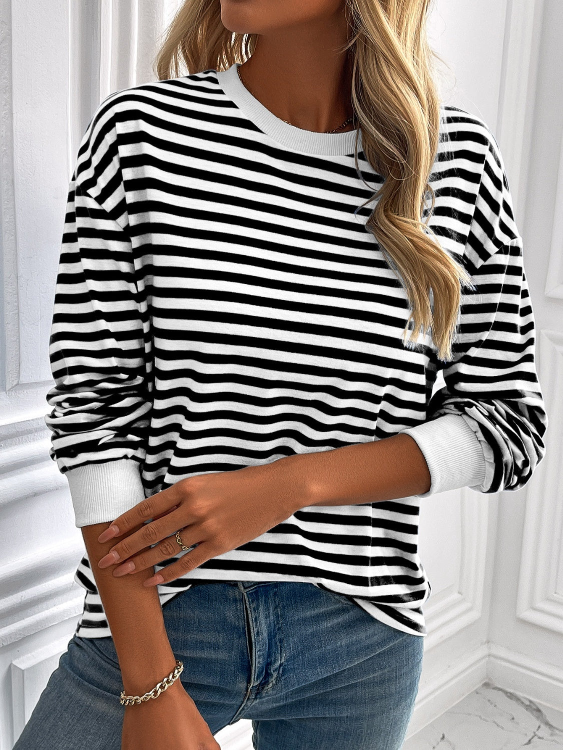 Ivy Lane Striped Round Neck Long Sleeve Sweatshirt-TOPS / DRESSES-[Adult]-[Female]-2022 Online Blue Zone Planet