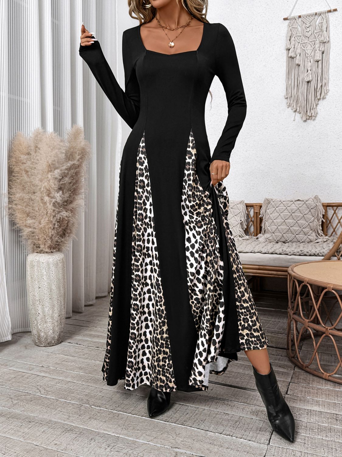 Perfee Leopard Square Neck Long Sleeve Maxi Dress-TOPS / DRESSES-[Adult]-[Female]-2022 Online Blue Zone Planet