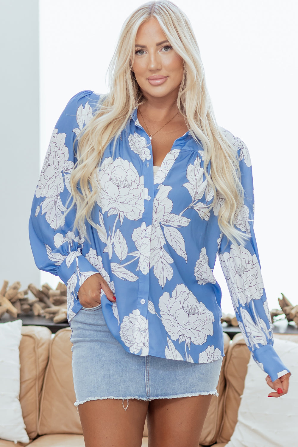 Sky Blue Floral Print Button Up Pleated Detail Puff Sleeve Shirt-Tops/Blouses & Shirts-[Adult]-[Female]-2022 Online Blue Zone Planet