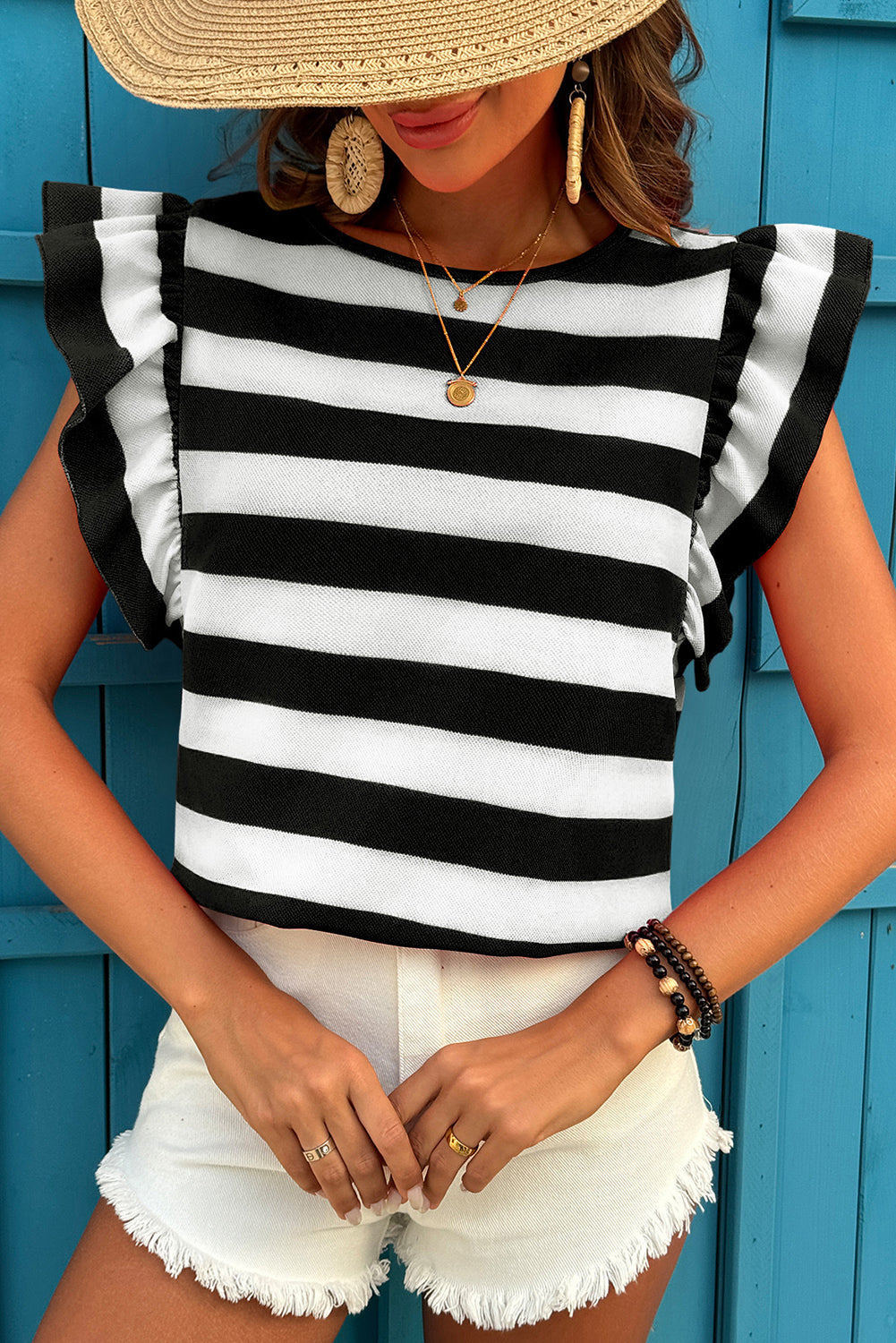 Black Stripe Flutter Sleeve Round Neck T Shirt-Tops/Tops & Tees-[Adult]-[Female]-Black Stripe-XS-2022 Online Blue Zone Planet