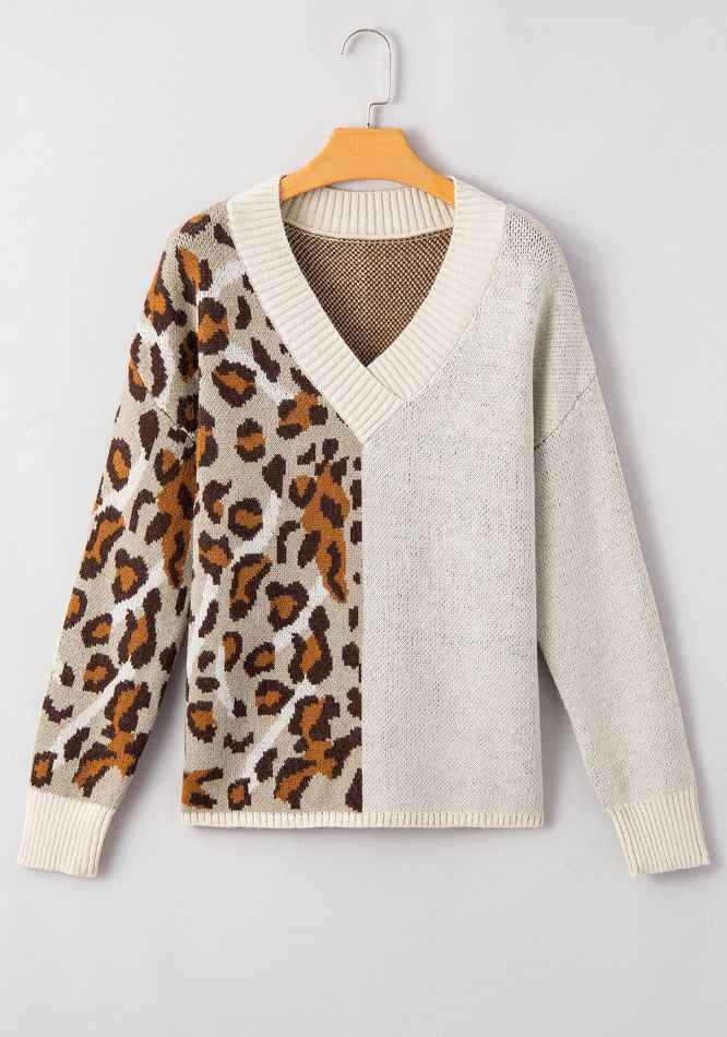 Leopard V Neck Drop Shoulder Sweater-TOPS / DRESSES-[Adult]-[Female]-2022 Online Blue Zone Planet