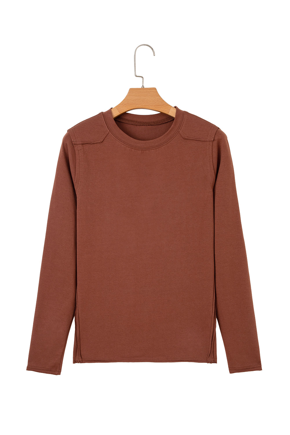 Chestnut Raw Seam Detail Solid Color Long Sleeve Top-Tops/Long Sleeve Tops-[Adult]-[Female]-2022 Online Blue Zone Planet