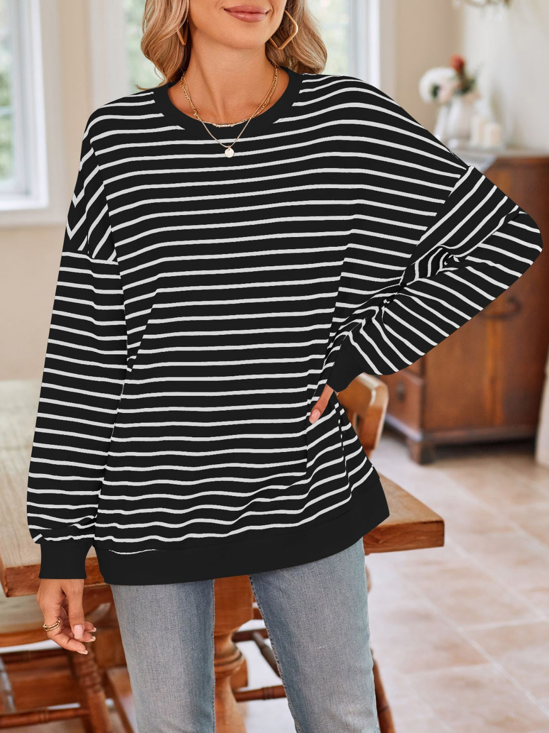 Blue Zone Planet | Lovelet Striped Round Neck Long Sleeve Sweatshirt-TOPS / DRESSES-[Adult]-[Female]-Black-S-2022 Online Blue Zone Planet