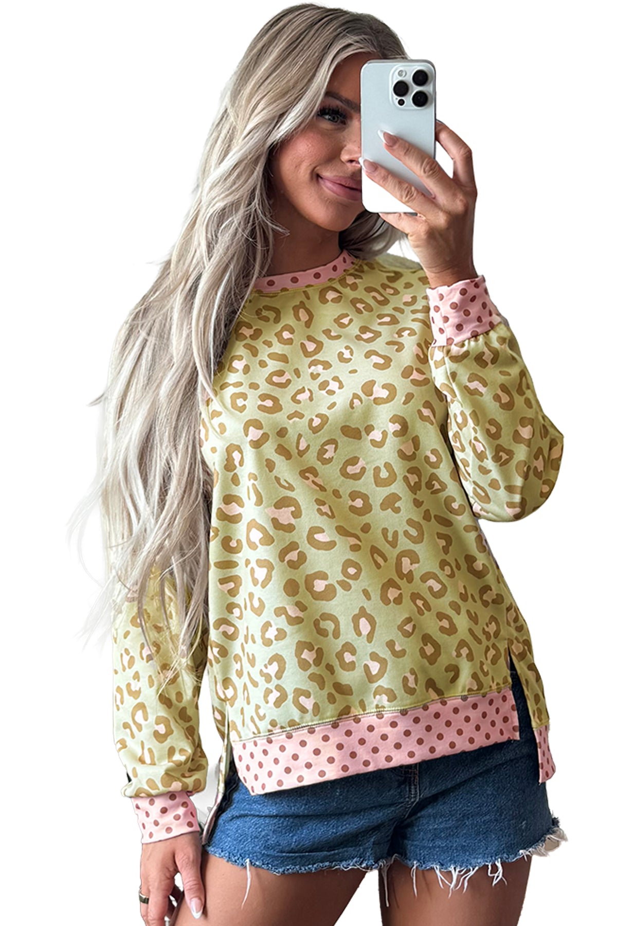 Pink Leopard Polka Dot Colorblock Trim Long Sleeve Top-Tops/Long Sleeve Tops-[Adult]-[Female]-2022 Online Blue Zone Planet