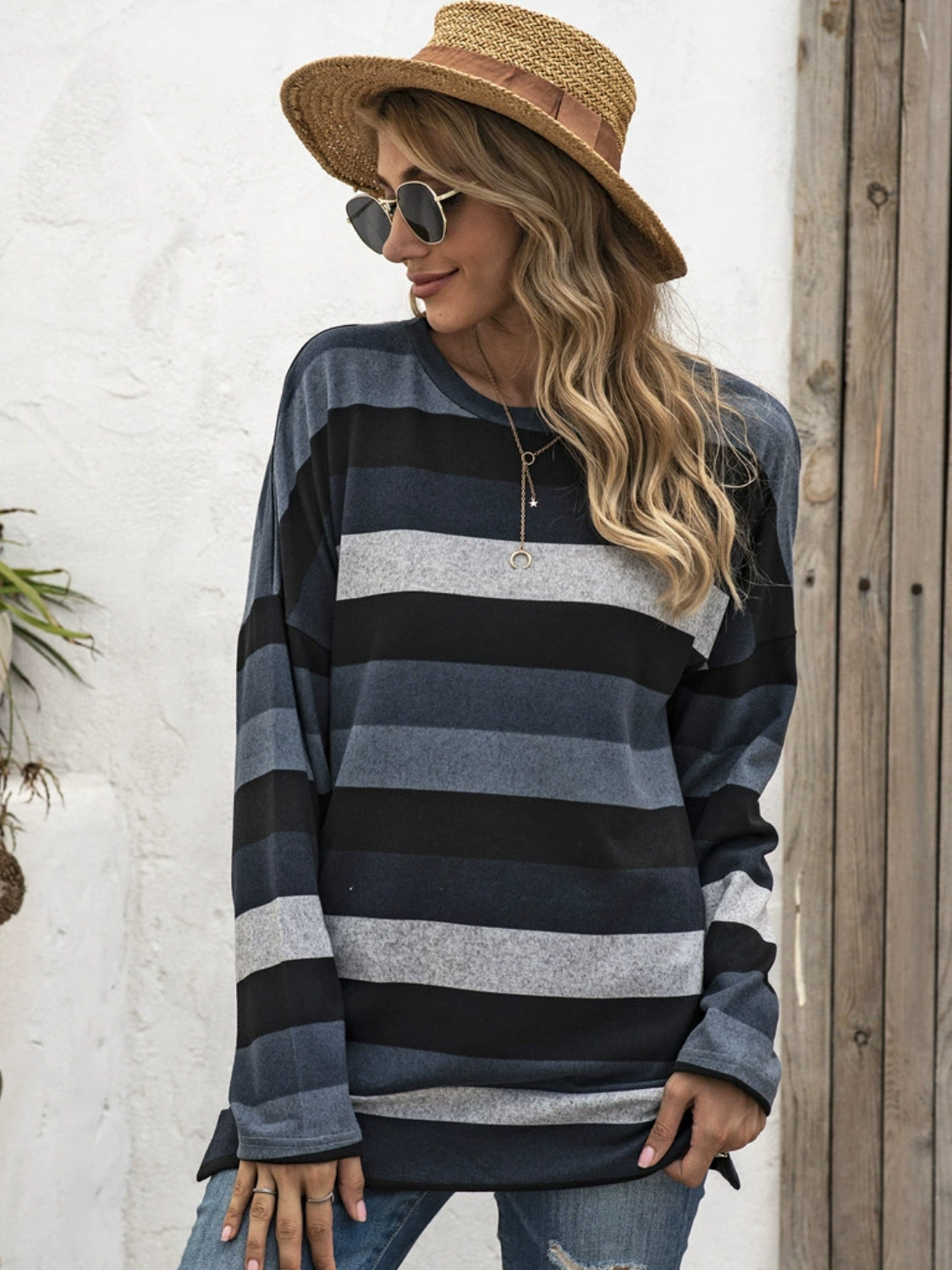 Full Size Striped Round Neck Long Sleeve T-Shirt Plus Size-TOPS / DRESSES-[Adult]-[Female]-2022 Online Blue Zone Planet