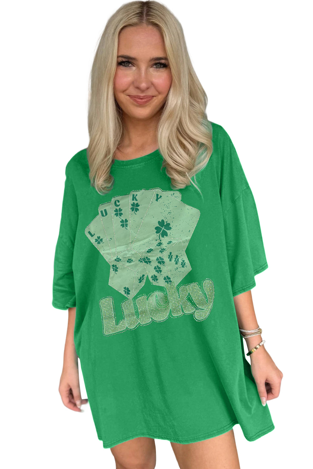 Bright Green Rhinestone Lucky Poker Cards Oversized T Shirt Mini Dress-TOPS / DRESSES-[Adult]-[Female]-2022 Online Blue Zone Planet