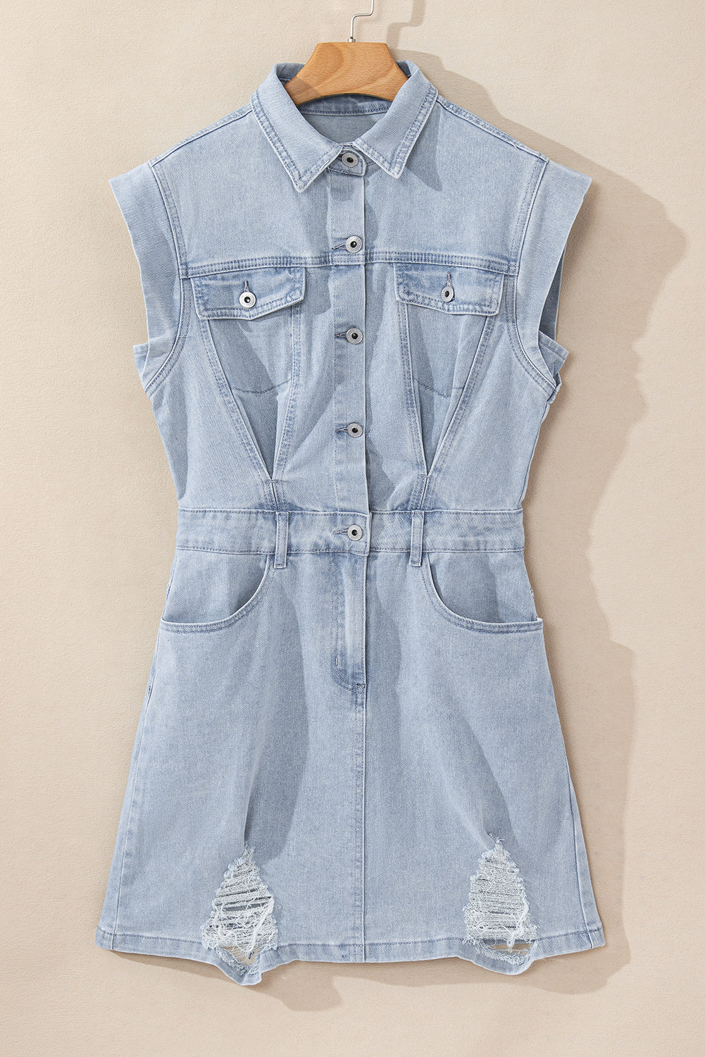 Blue Zone Planet | Light Blue Acid Wash Flap Pockets Frayed Denim Dress-TOPS / DRESSES-[Adult]-[Female]-2022 Online Blue Zone Planet