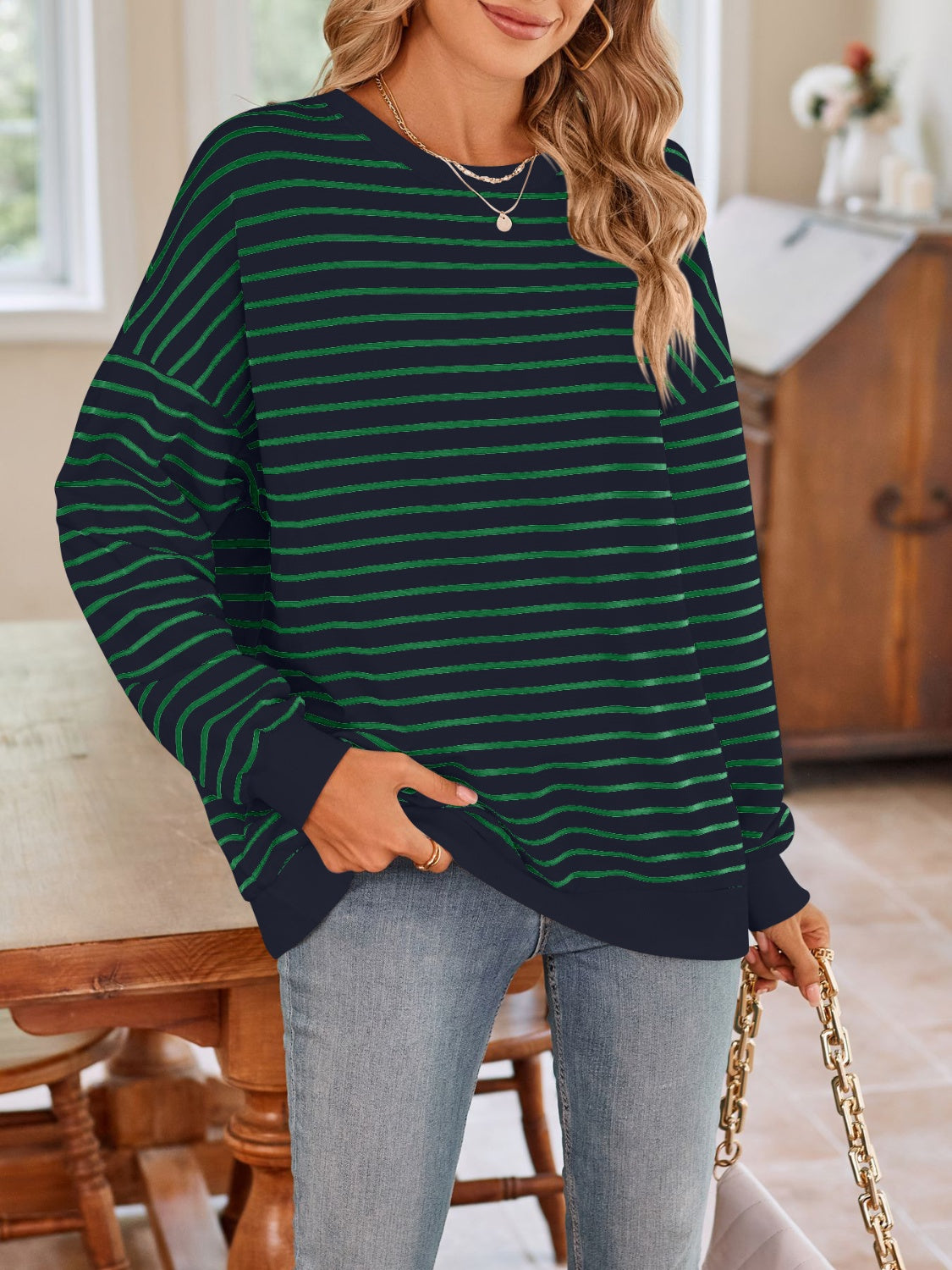 Blue Zone Planet | Lovelet Striped Round Neck Long Sleeve Sweatshirt-TOPS / DRESSES-[Adult]-[Female]-2022 Online Blue Zone Planet