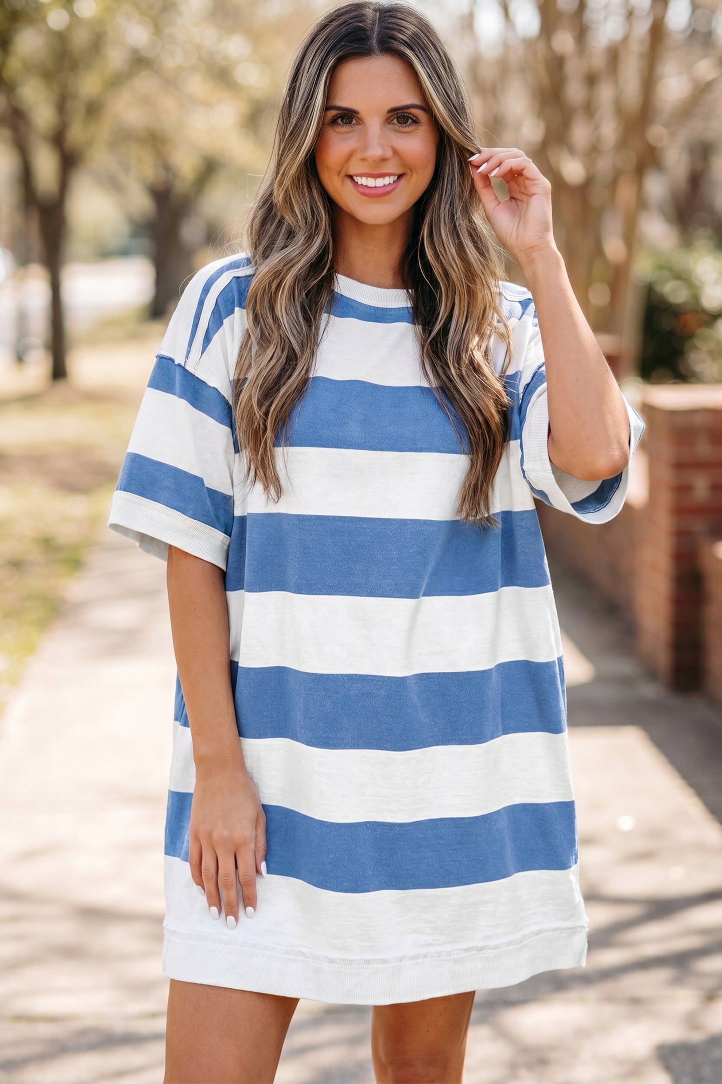 Blue Stripe Raw Seam Shoulder Detail Casual Tee Dress-TOPS / DRESSES-[Adult]-[Female]-2022 Online Blue Zone Planet