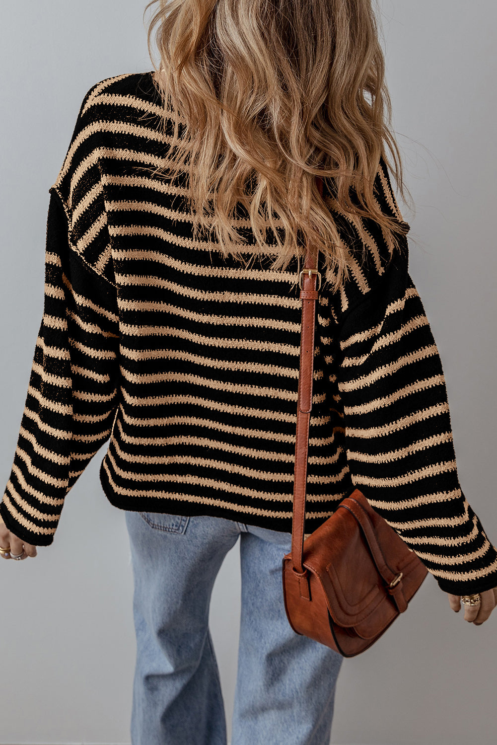 Black Stripe Drop Shoulder Round Neck Loose Sweater-Sweaters & Cardigans/Sweaters-[Adult]-[Female]-2022 Online Blue Zone Planet