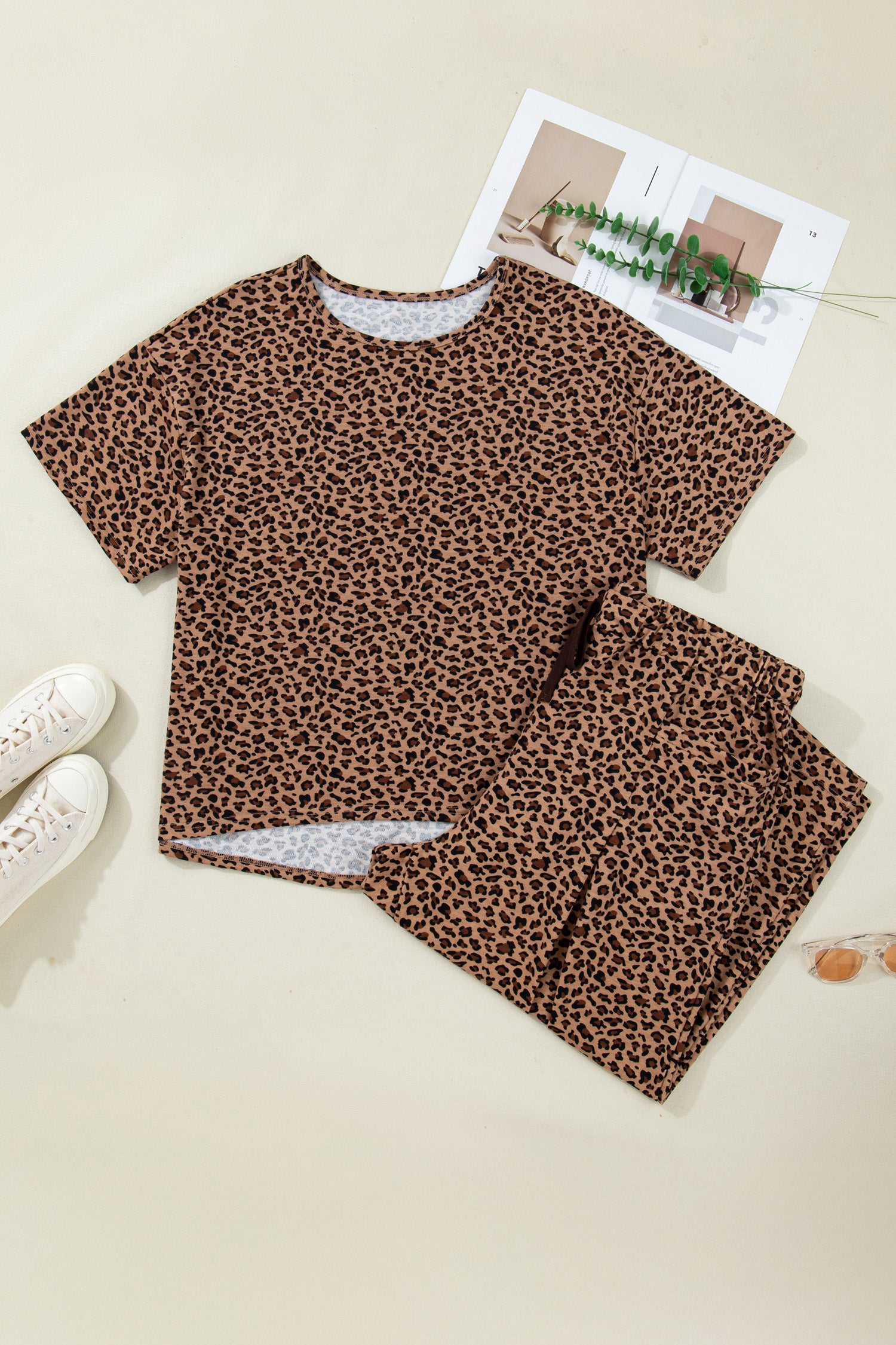Brown Plus Size Leopard Loose Top Pleated Pants Set-Plus Size/Plus Size Loungewear-[Adult]-[Female]-2022 Online Blue Zone Planet