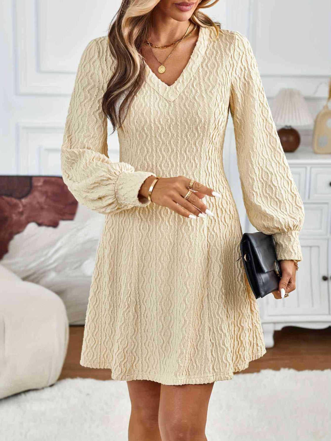 Lace Detail V-Neck Long Sleeve Dress-TOPS / DRESSES-[Adult]-[Female]-2022 Online Blue Zone Planet