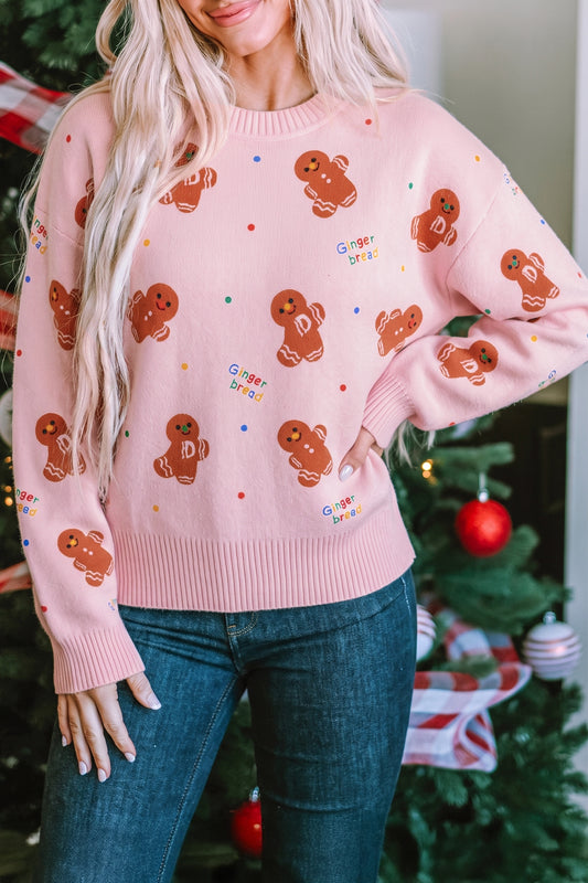Pink Festive Gingerbread Pattern Long Sleeve Round Neck Sweater-Sweaters & Cardigans/Sweaters-[Adult]-[Female]-Pink-S-2022 Online Blue Zone Planet