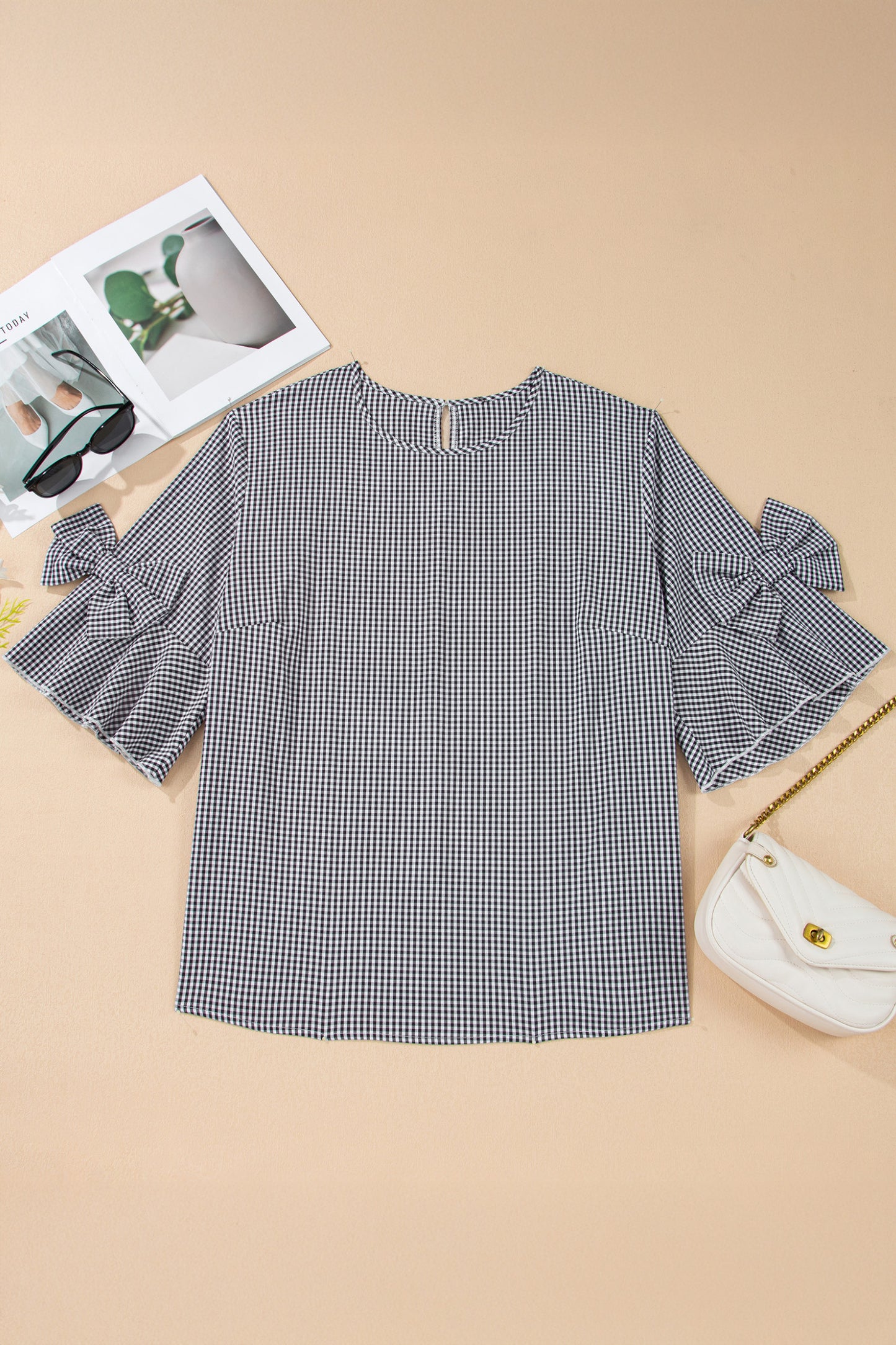 Black Plus Size Plaid Bow Decor Bell Sleeve Round Neck Jumper-Plus Size/Plus Size Tops/Plus Size Tops & Tees-[Adult]-[Female]-2022 Online Blue Zone Planet