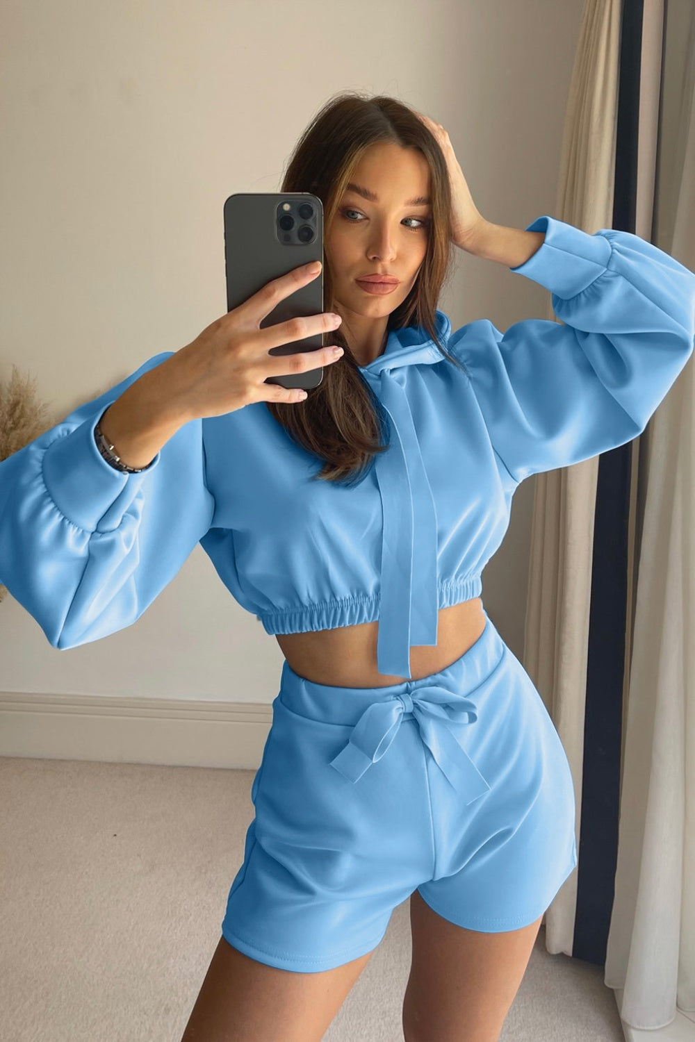 Drawstring Long Sleeve Hooded Top and Shorts Set-TOPS / DRESSES-[Adult]-[Female]-Light Blue-S-2022 Online Blue Zone Planet