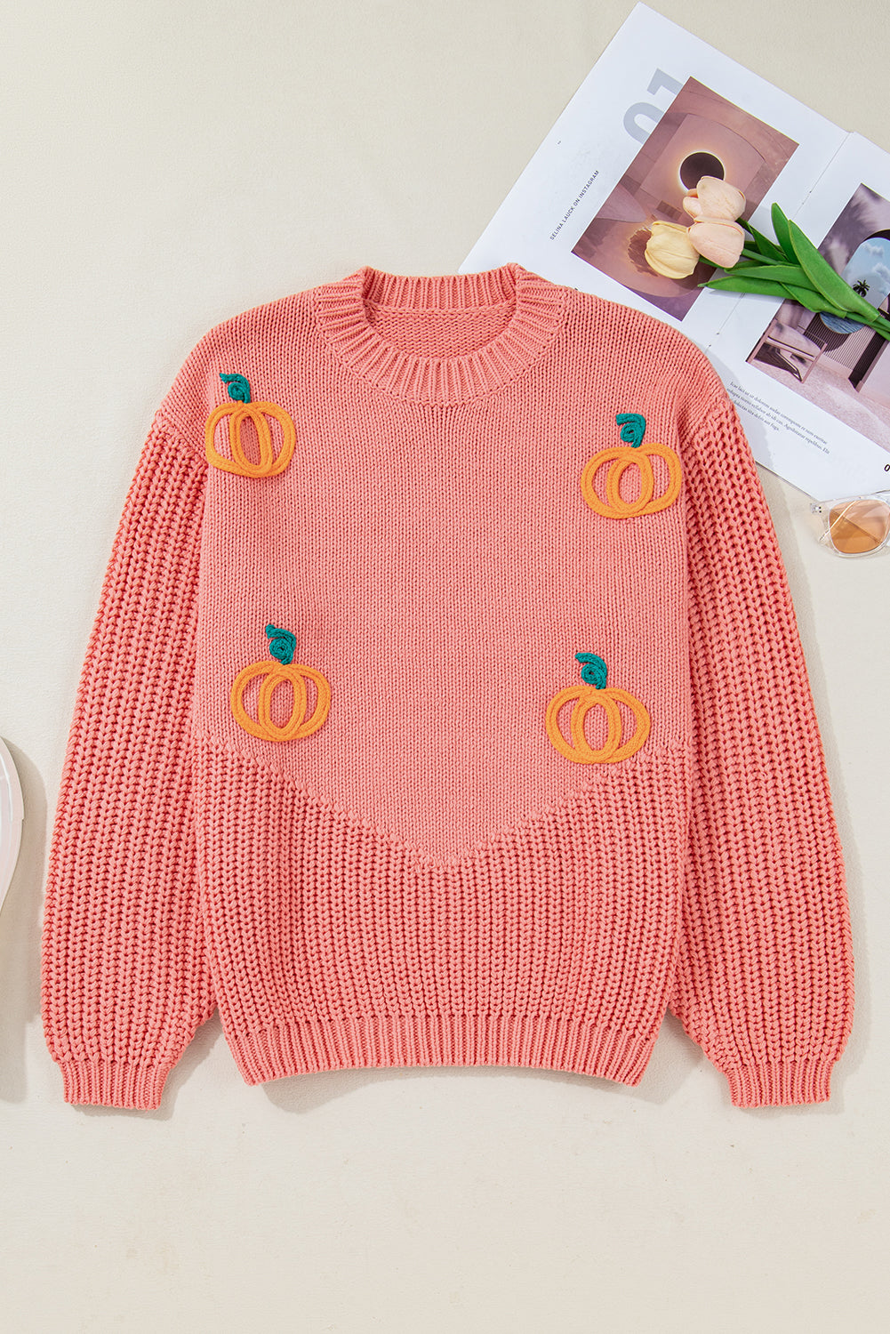 Blossom Pumpkin Embroidered Thanksgiving Holiday Sweater-Sweaters & Cardigans/Sweaters-[Adult]-[Female]-2022 Online Blue Zone Planet