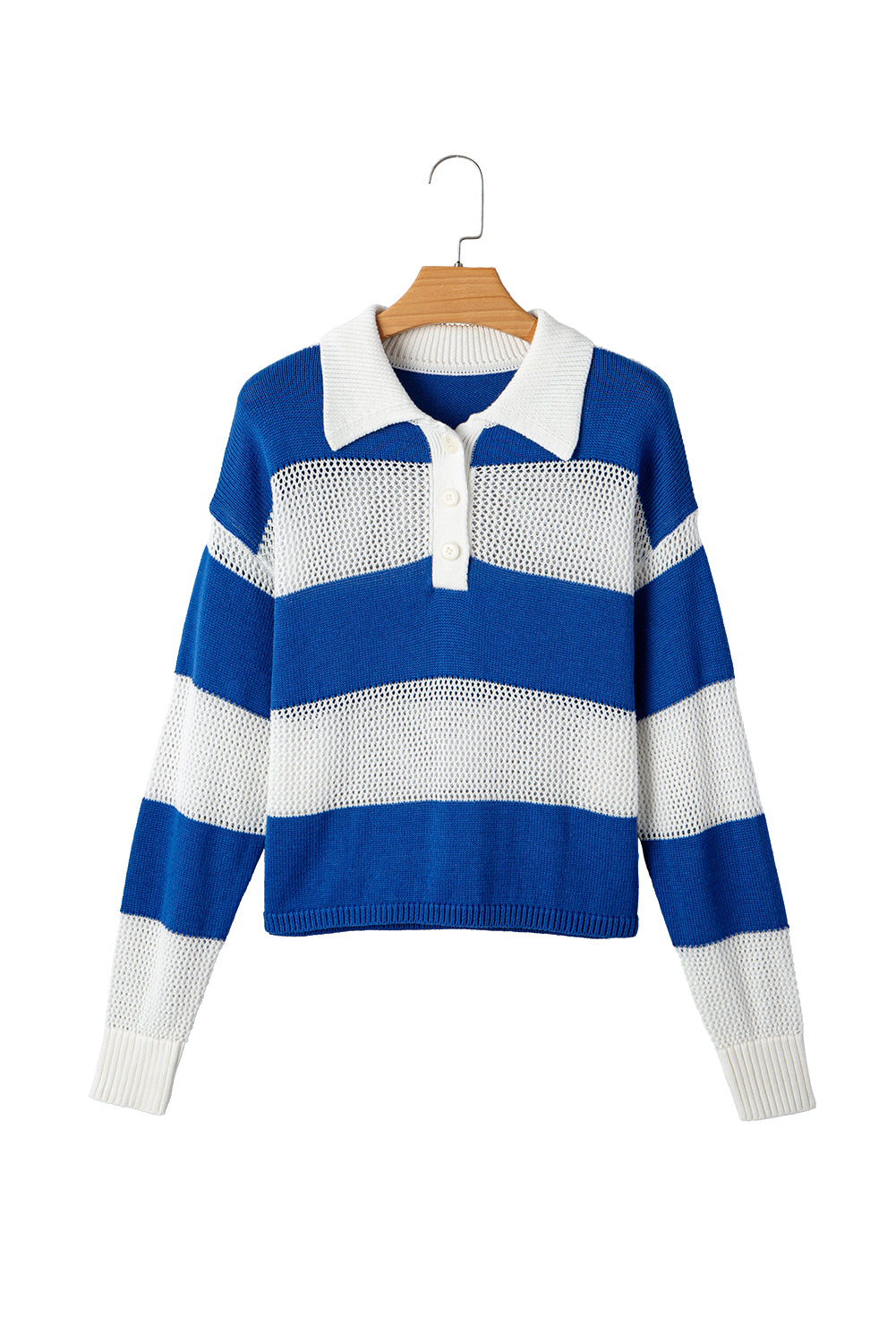 Blue Stripe Colorblock Polo Collar Eyelet Crochet Knitted Sweater-TOPS / DRESSES-[Adult]-[Female]-2022 Online Blue Zone Planet