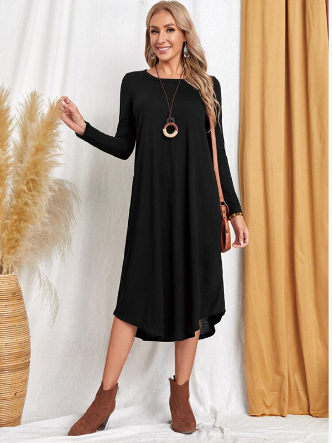 Pocketed Round Neck Long Sleeve Tee Dress-TOPS / DRESSES-[Adult]-[Female]-Black-S-2022 Online Blue Zone Planet