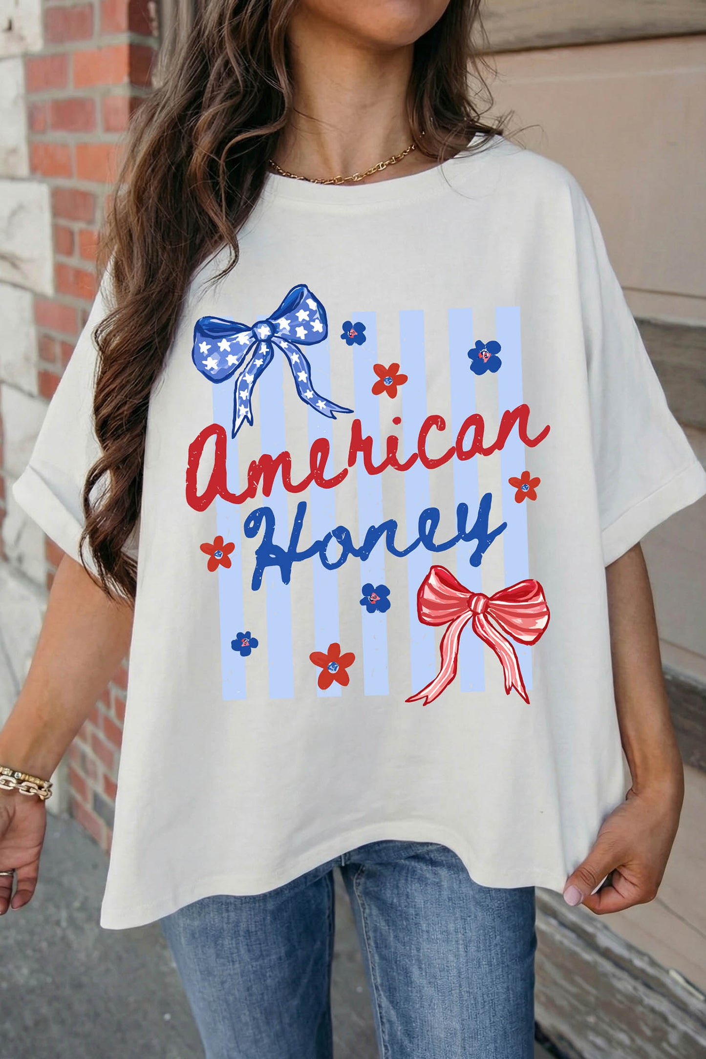 White American Honey Bow Flower Striped Graphic Tee-Graphic/Graphic Tees-[Adult]-[Female]-2022 Online Blue Zone Planet