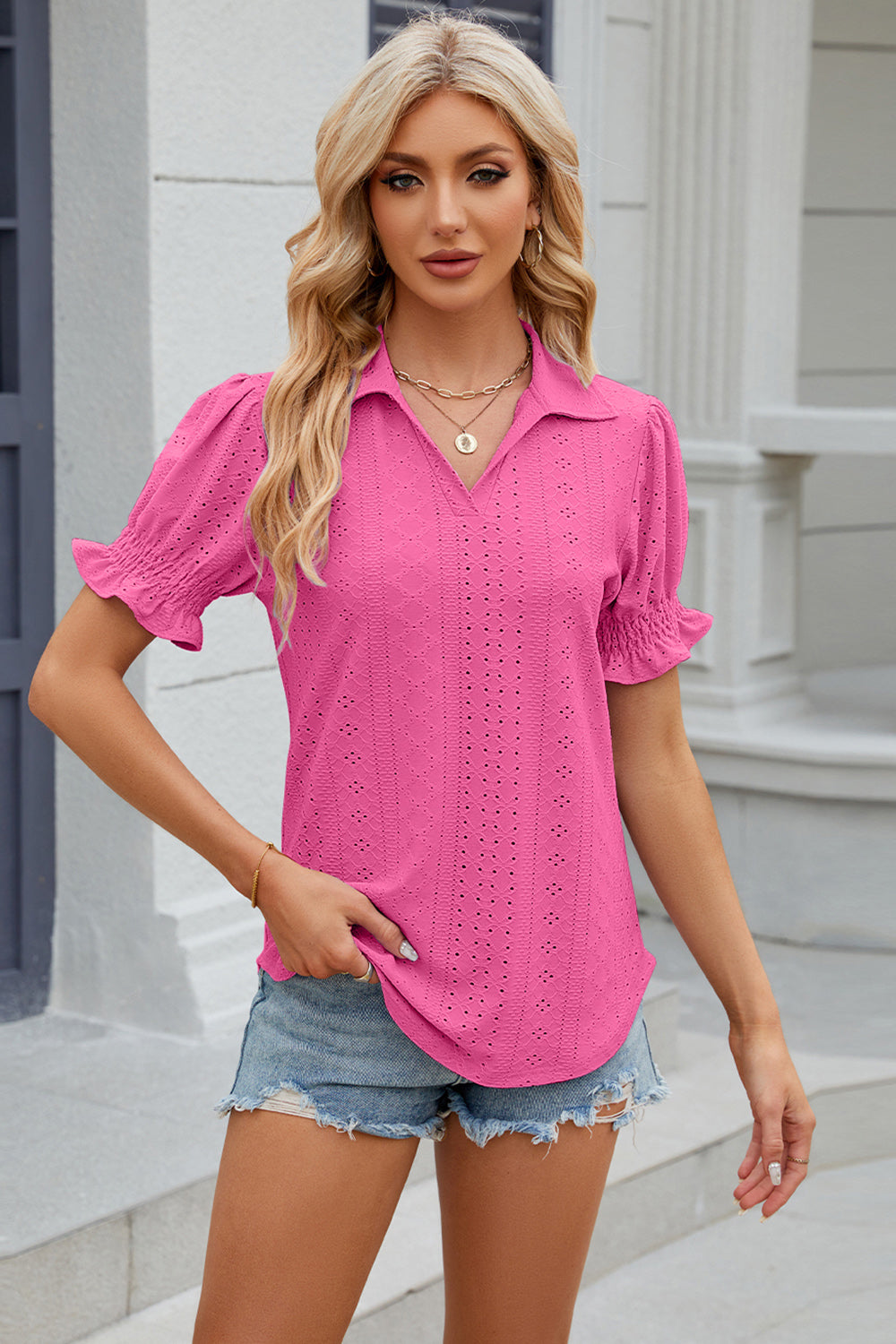 Eyelet Johnny Collar Short Sleeve Blouse-TOPS / DRESSES-[Adult]-[Female]-2022 Online Blue Zone Planet