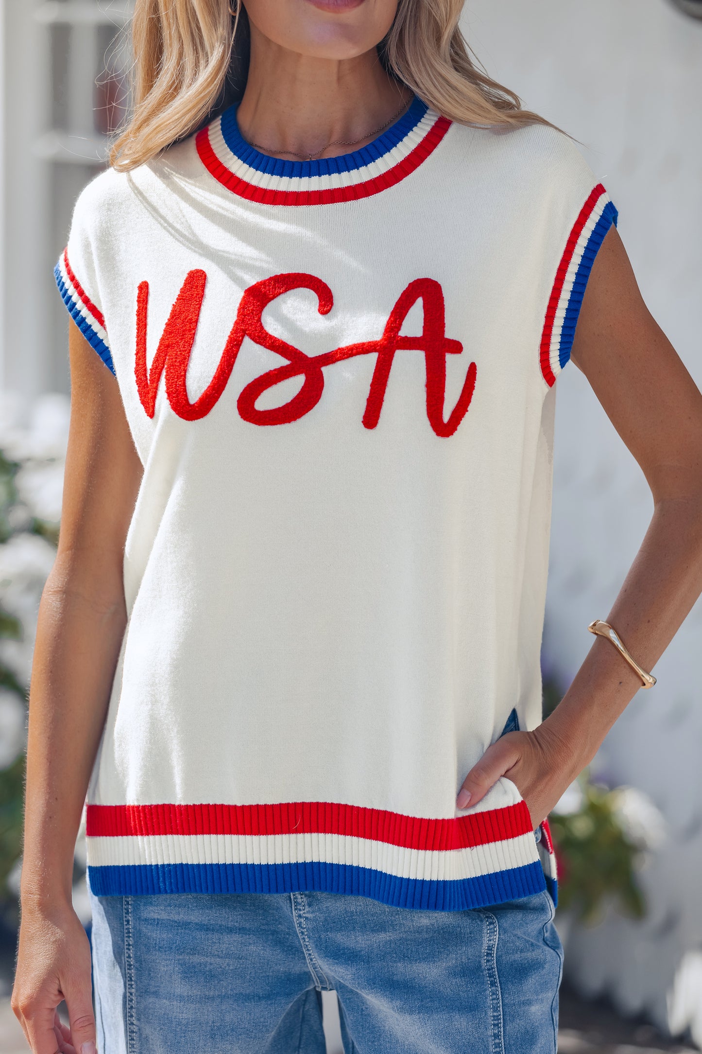 White USA Contrast Striped Trim Round Neck Short Sleeve Sweater