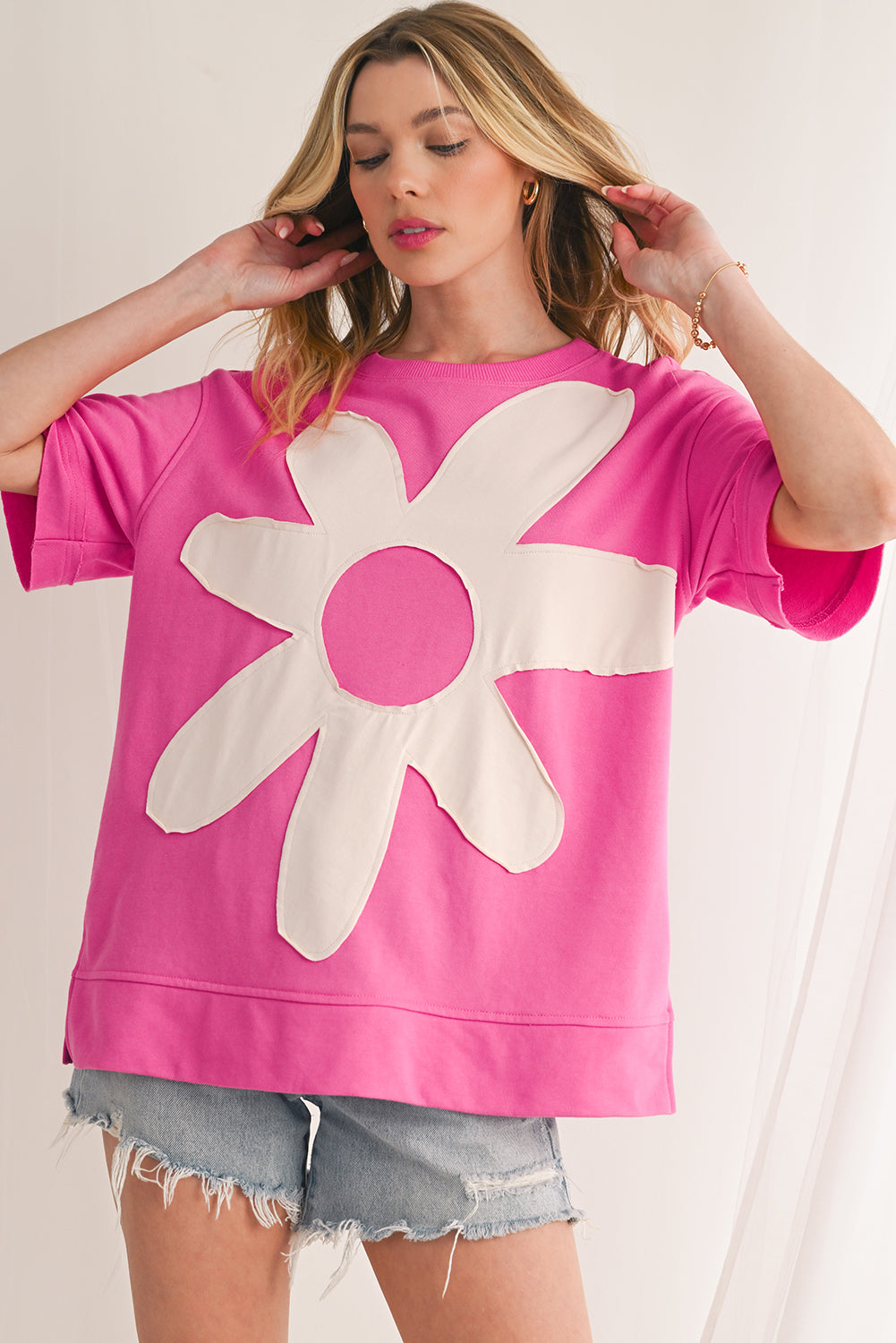 Sachet Pink 60s Flower Applique Slits T-Shirt-T Shirts-[Adult]-[Female]-2022 Online Blue Zone Planet