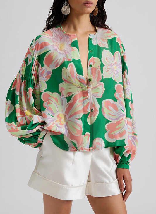 Green Floral Print Button up Pleated Puff Sleeve Loose Shirt-Tops/Blouses & Shirts-[Adult]-[Female]-Green-S-2022 Online Blue Zone Planet