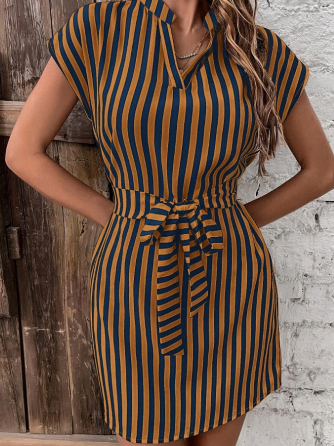 Tied Striped Cap Sleeve Mini Dress-TOPS / DRESSES-[Adult]-[Female]-Caramel-S-2022 Online Blue Zone Planet