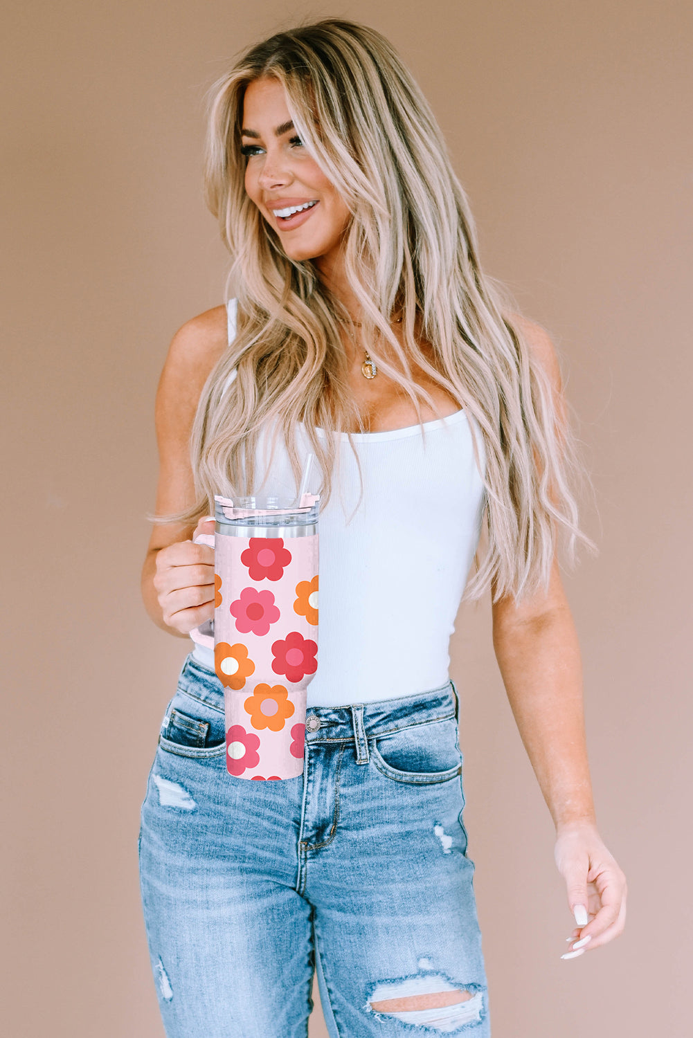 Multicolor Flower Print Handled Stainless Steel Vacuum Cup 40oz-Accessories/Tumblers-[Adult]-[Female]-2022 Online Blue Zone Planet