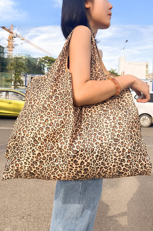 Mustard Wild Leopard Printed Reusable Shopping Tote Bag-Shoes & Bags/Shoulder Bags-[Adult]-[Female]-Mustard-ONE SIZE-2022 Online Blue Zone Planet