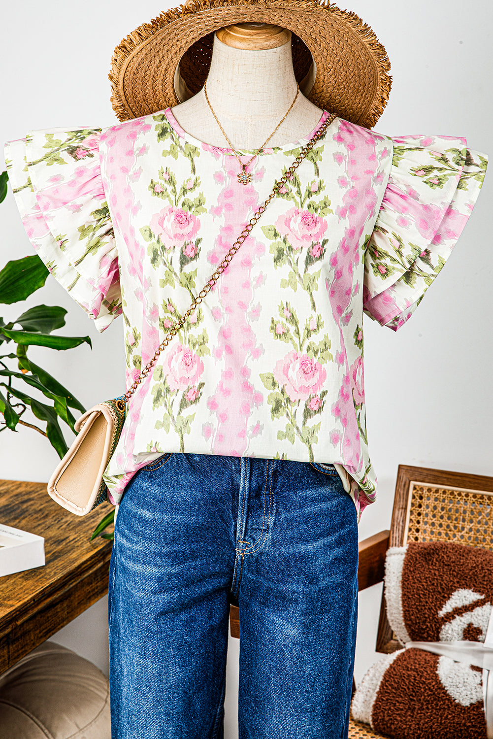 Pink Floral Print Ruffled Sleeve Summer Top-Tops/Blouses & Shirts-[Adult]-[Female]-2022 Online Blue Zone Planet