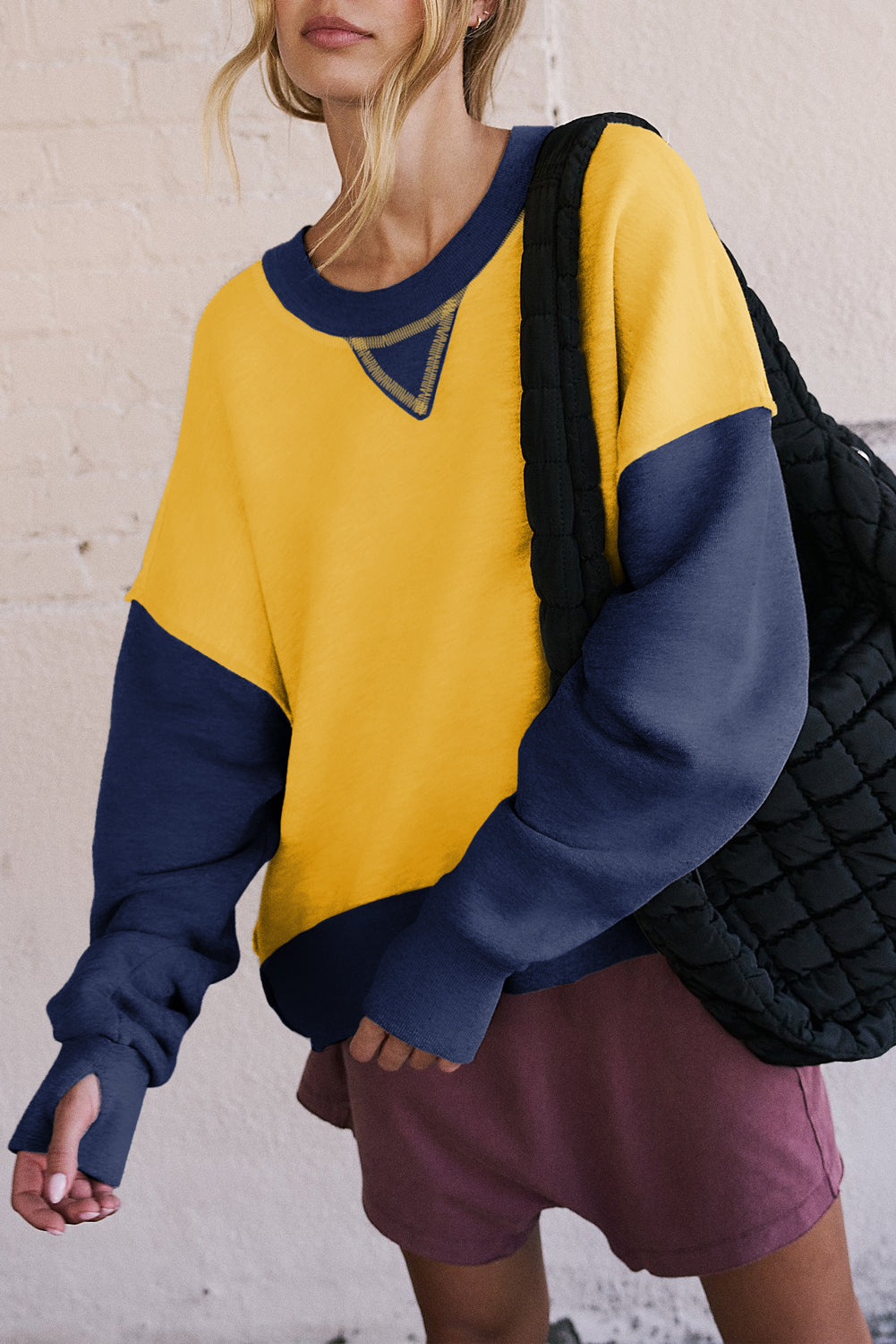 Parchment Color Block Thumbhole Sleeve Drop Shoulder Sweatshirt-Tops/Sweatshirts & Hoodies-[Adult]-[Female]-Yellow-S-2022 Online Blue Zone Planet